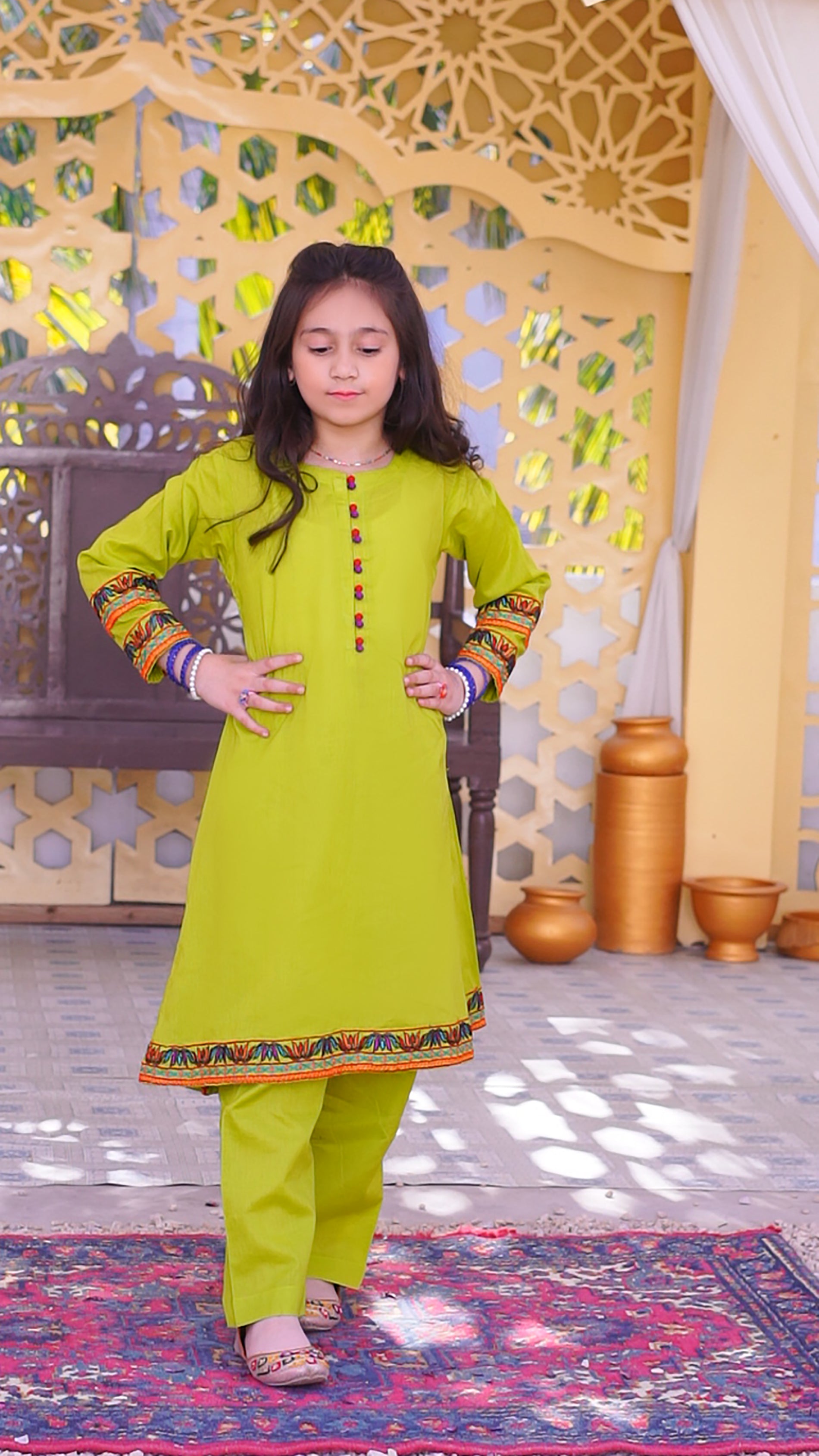 3 piece Dhani(Green) Embroidered Cotton Airline Frock Suit with Purple Chiffon Dupatta & Laces.(Stitch).