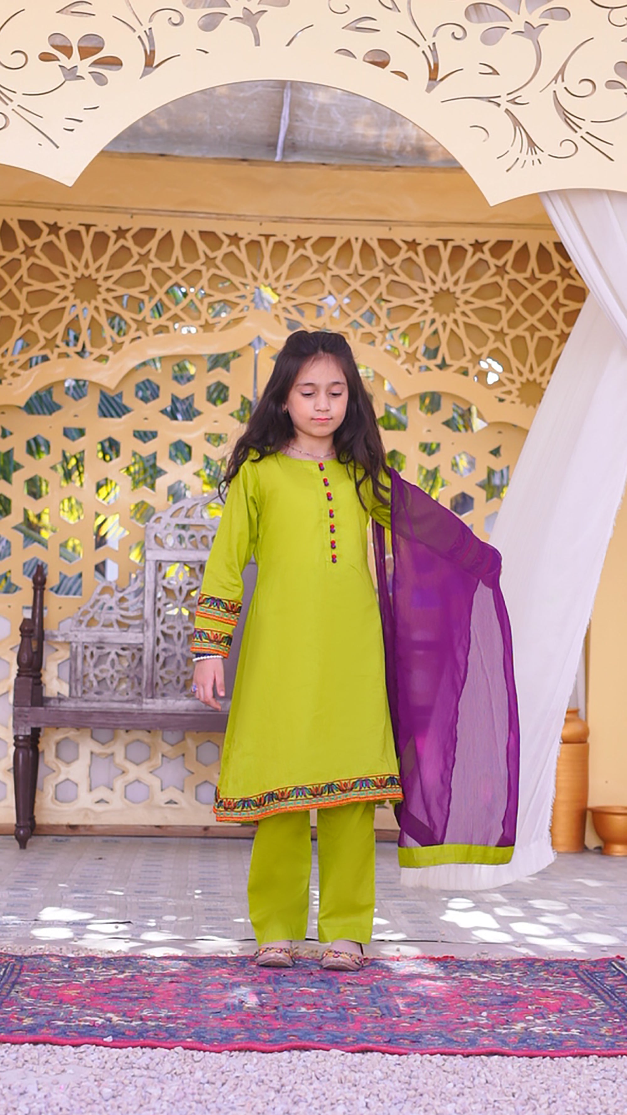 3 piece Dhani(Green) Embroidered Cotton Airline Frock Suit with Purple Chiffon Dupatta & Laces.(Stitch).