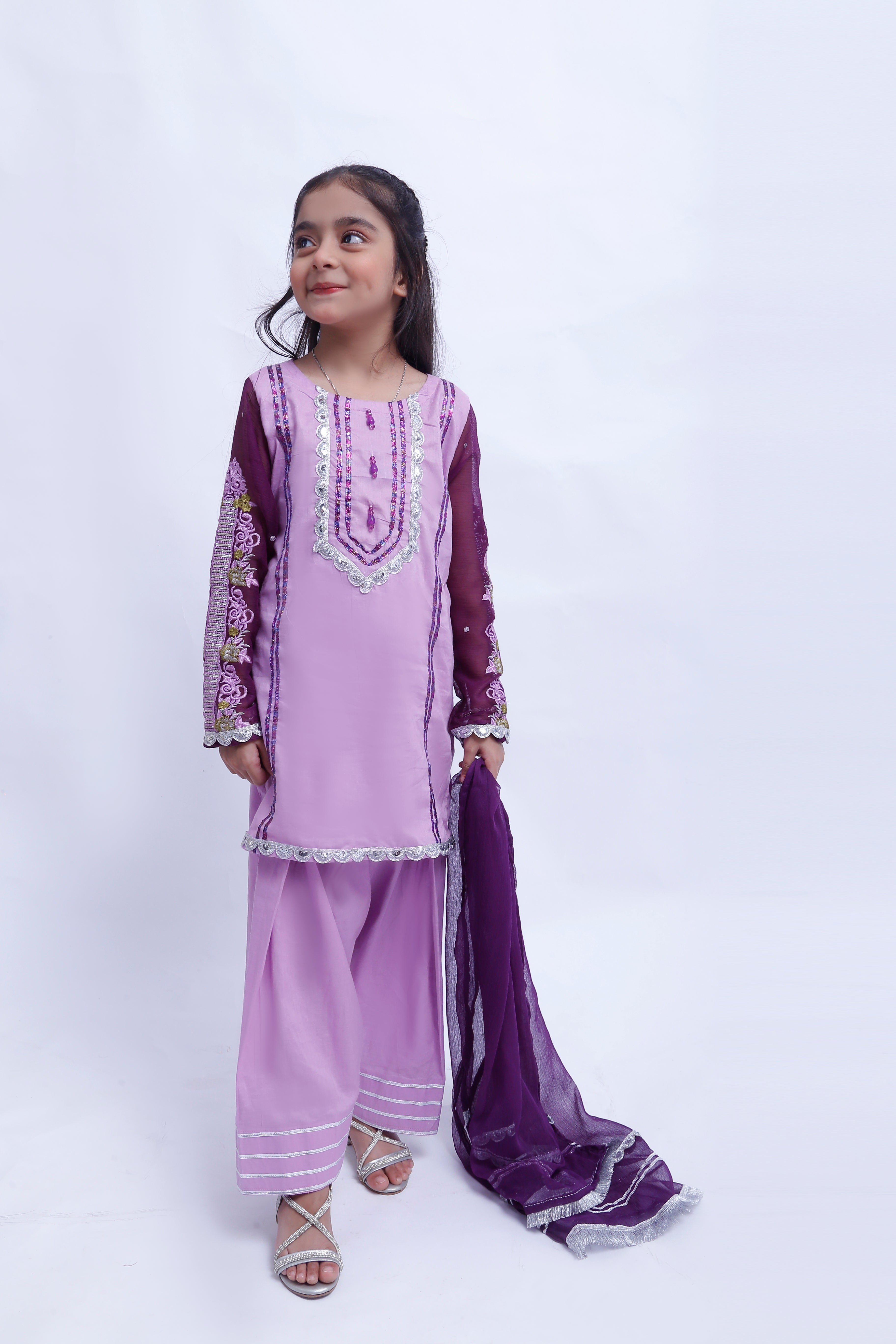3 piece Light Purple Farshi Shalwar Kameez Suit with Beautiful Silver Sitara Embroidered Purple Chiffon Sleeves & Purple Chiffon Dupatta. (Stitch)