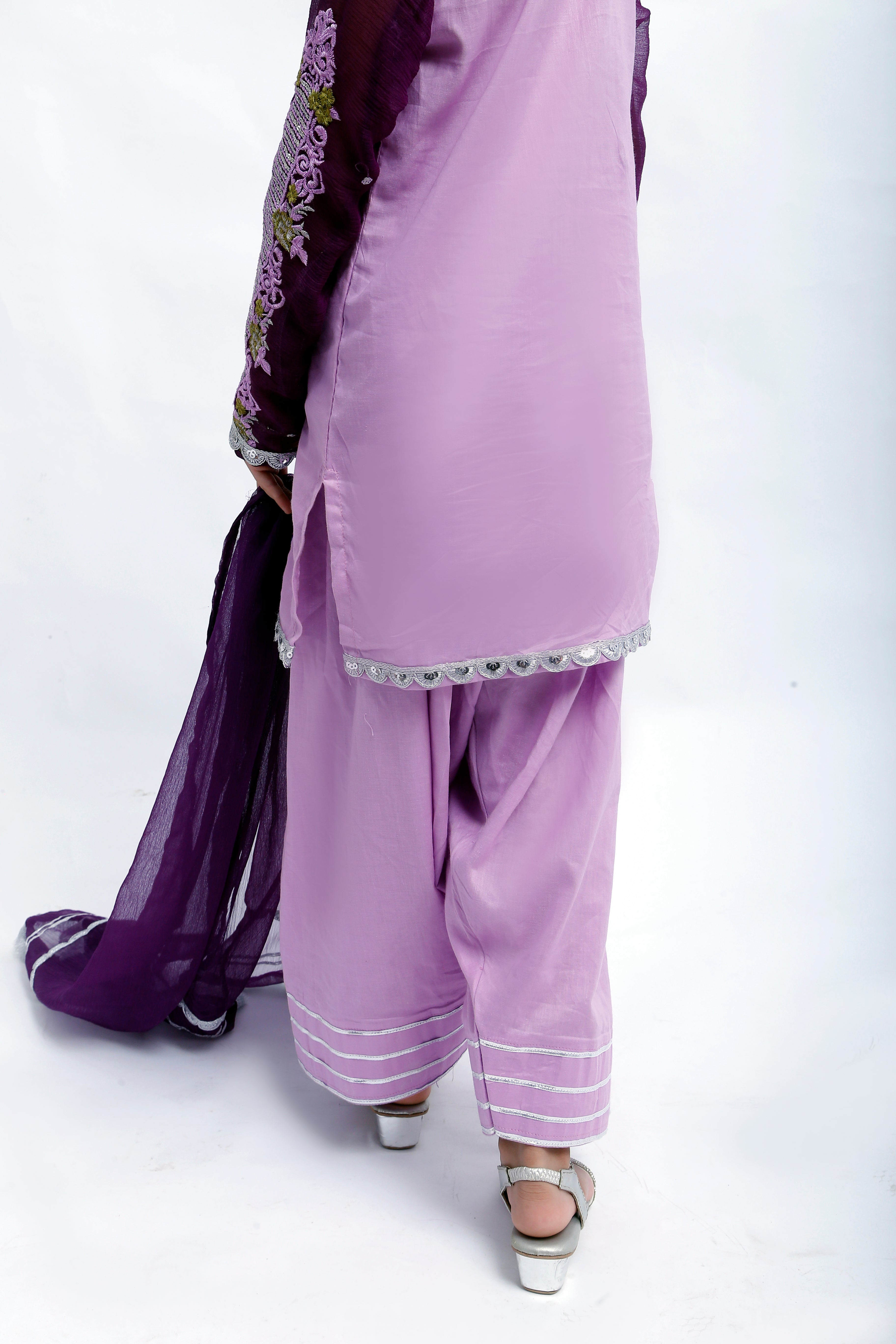 3 piece Light Purple Farshi Shalwar Kameez Suit with Beautiful Silver Sitara Embroidered Purple Chiffon Sleeves & Purple Chiffon Dupatta. (Stitch)