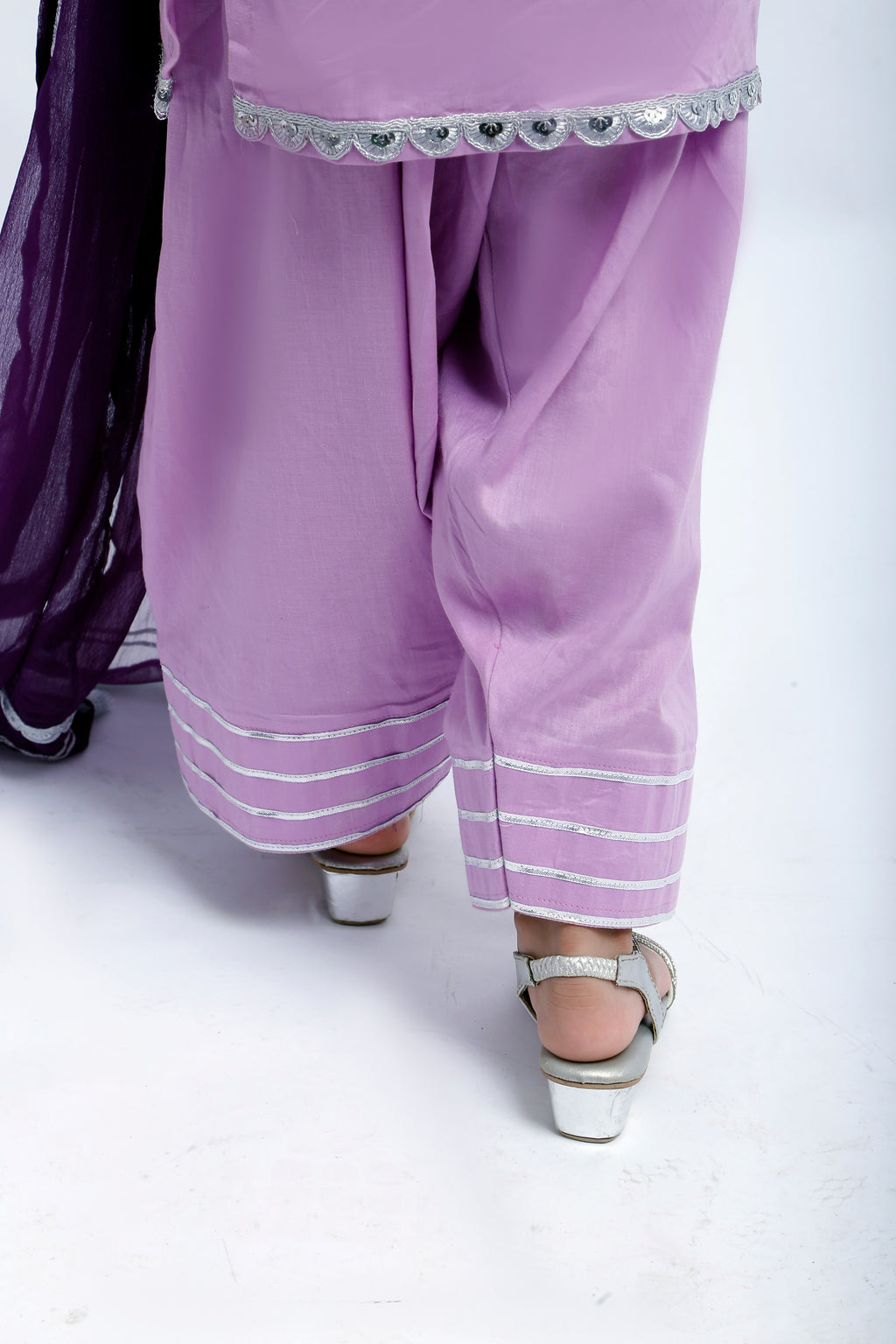 3 piece Light Purple Farshi Shalwar Kameez Suit with Beautiful Silver Sitara Embroidered Purple Chiffon Sleeves & Purple Chiffon Dupatta. (Stitch)