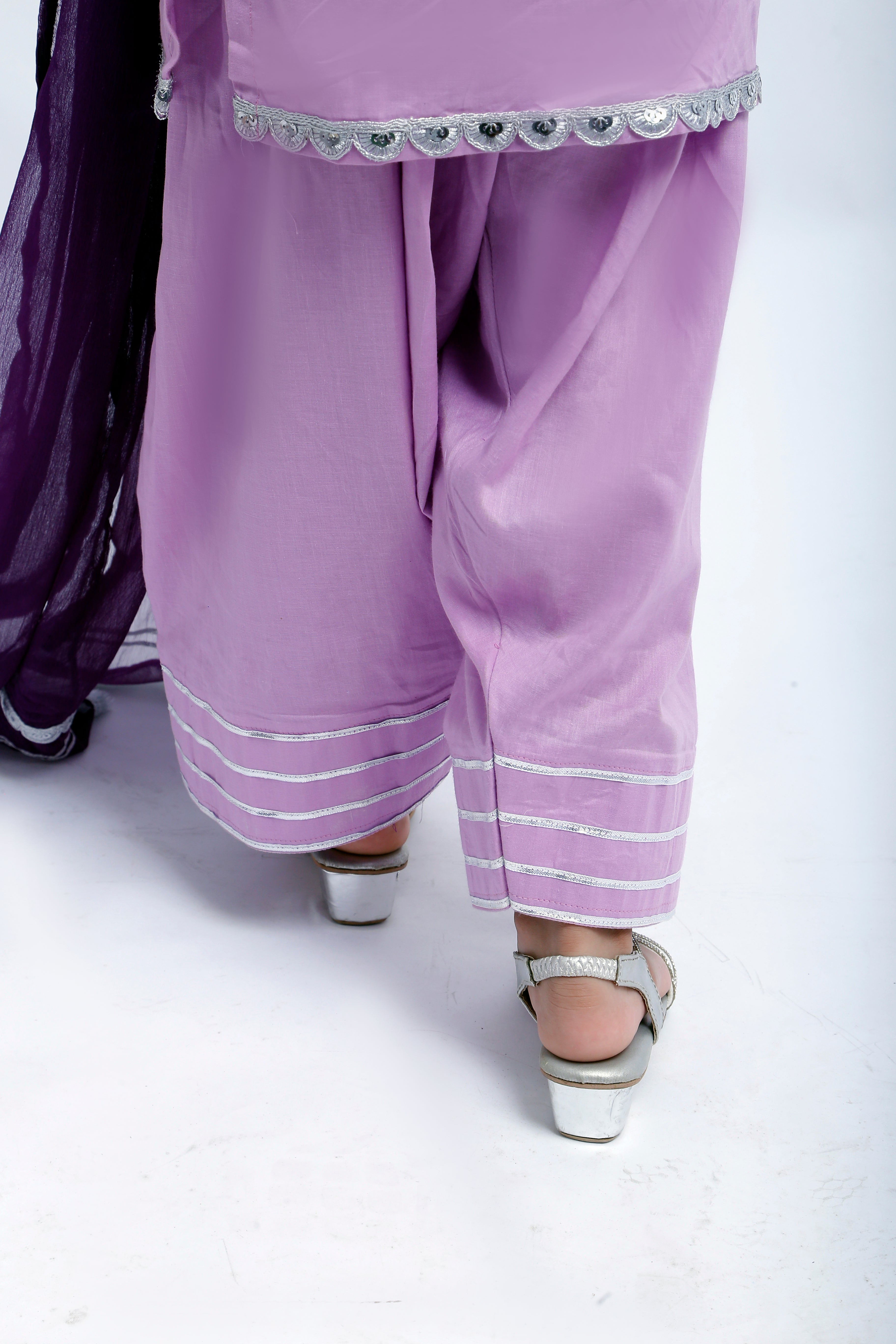 3 piece Light Purple Farshi Shalwar Kameez Suit with Beautiful Silver Sitara Embroidered Purple Chiffon Sleeves & Purple Chiffon Dupatta. (Stitch)