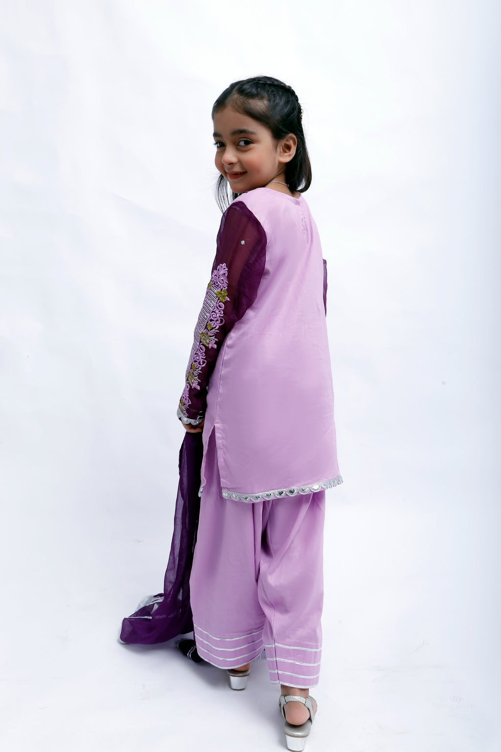 3 piece Light Purple Farshi Shalwar Kameez Suit with Beautiful Silver Sitara Embroidered Purple Chiffon Sleeves & Purple Chiffon Dupatta. (Stitch)