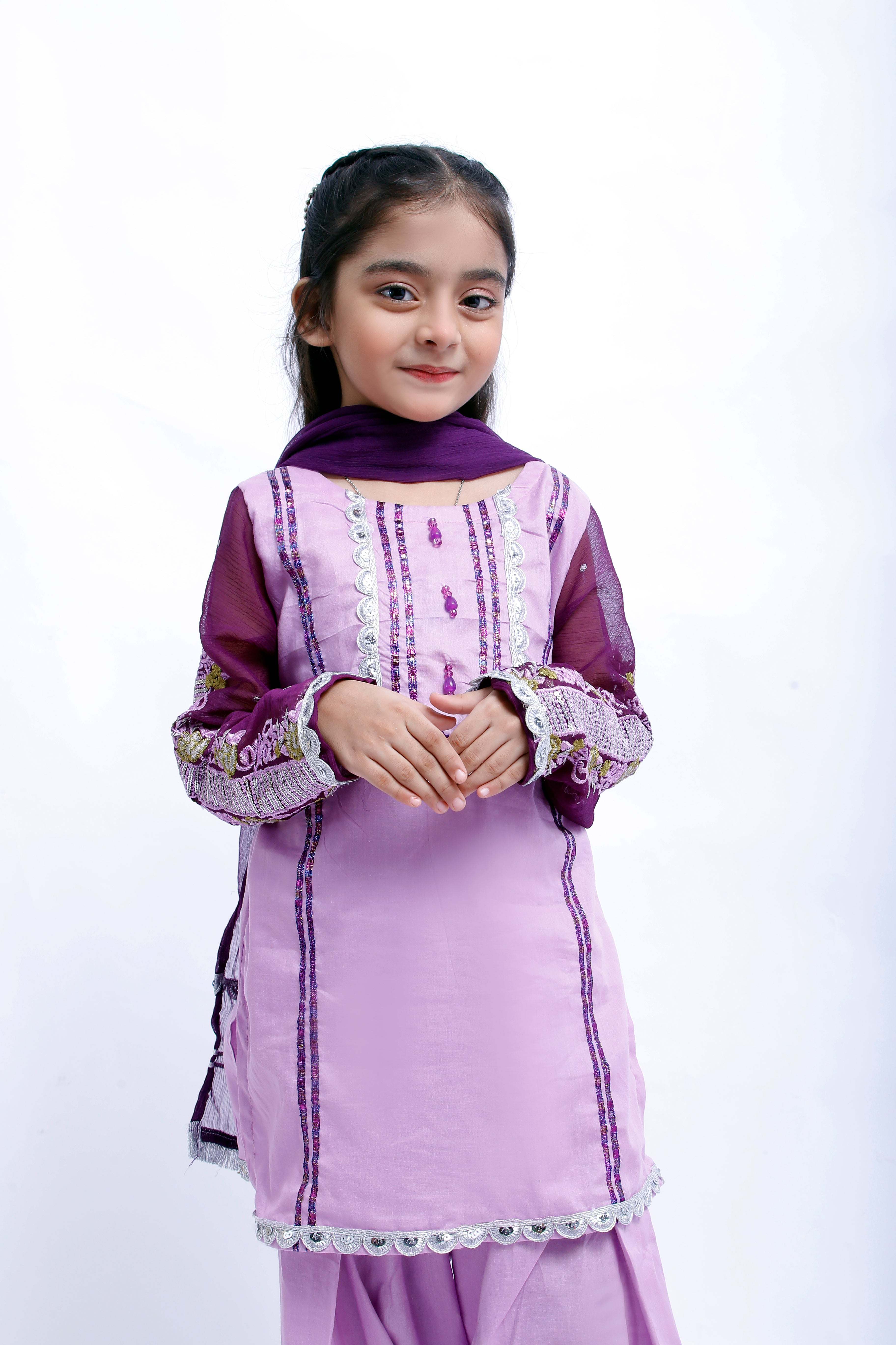 3 piece Light Purple Farshi Shalwar Kameez Suit with Beautiful Silver Sitara Embroidered Purple Chiffon Sleeves & Purple Chiffon Dupatta. (Stitch)