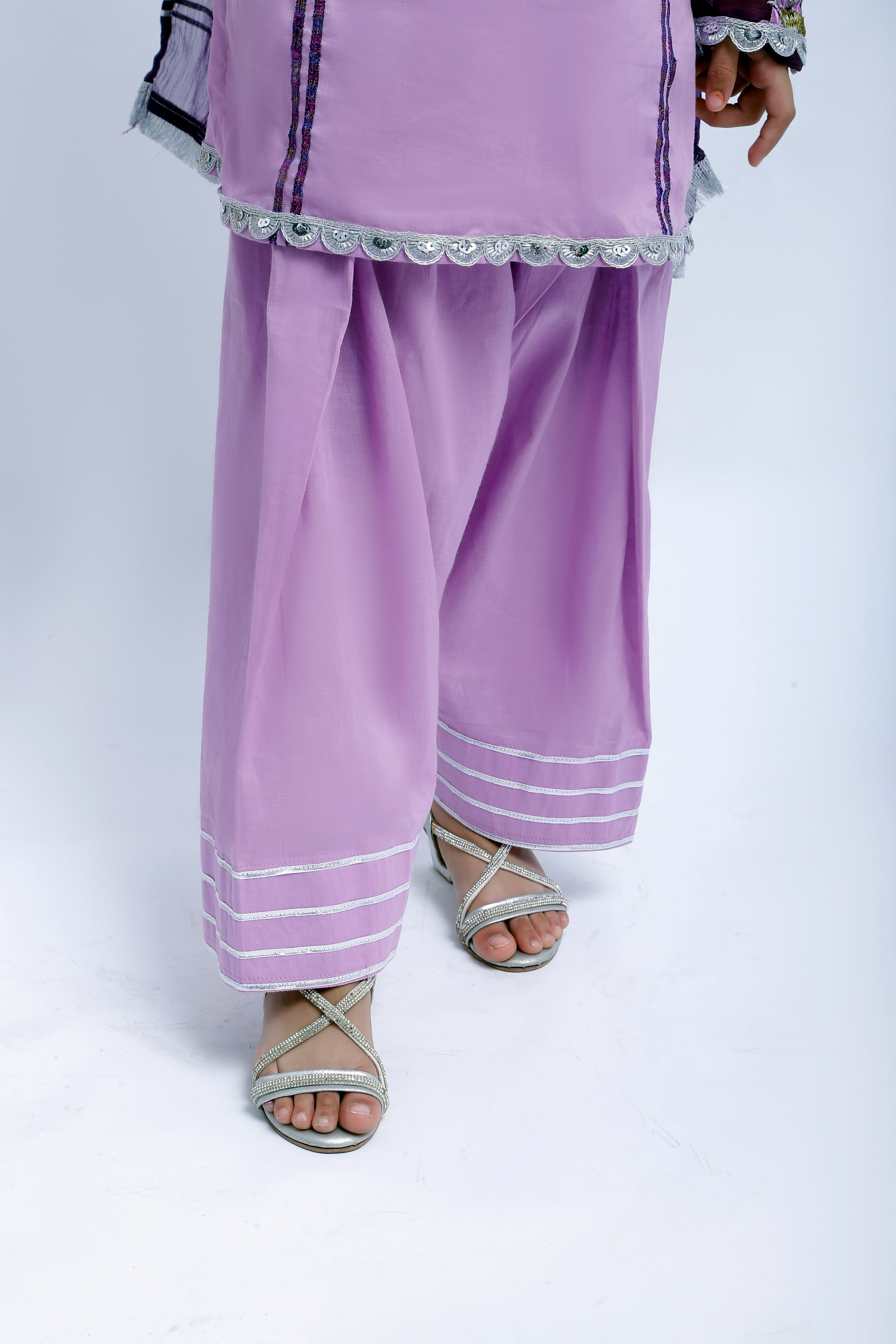 3 piece Light Purple Farshi Shalwar Kameez Suit with Beautiful Silver Sitara Embroidered Purple Chiffon Sleeves & Purple Chiffon Dupatta. (Stitch)