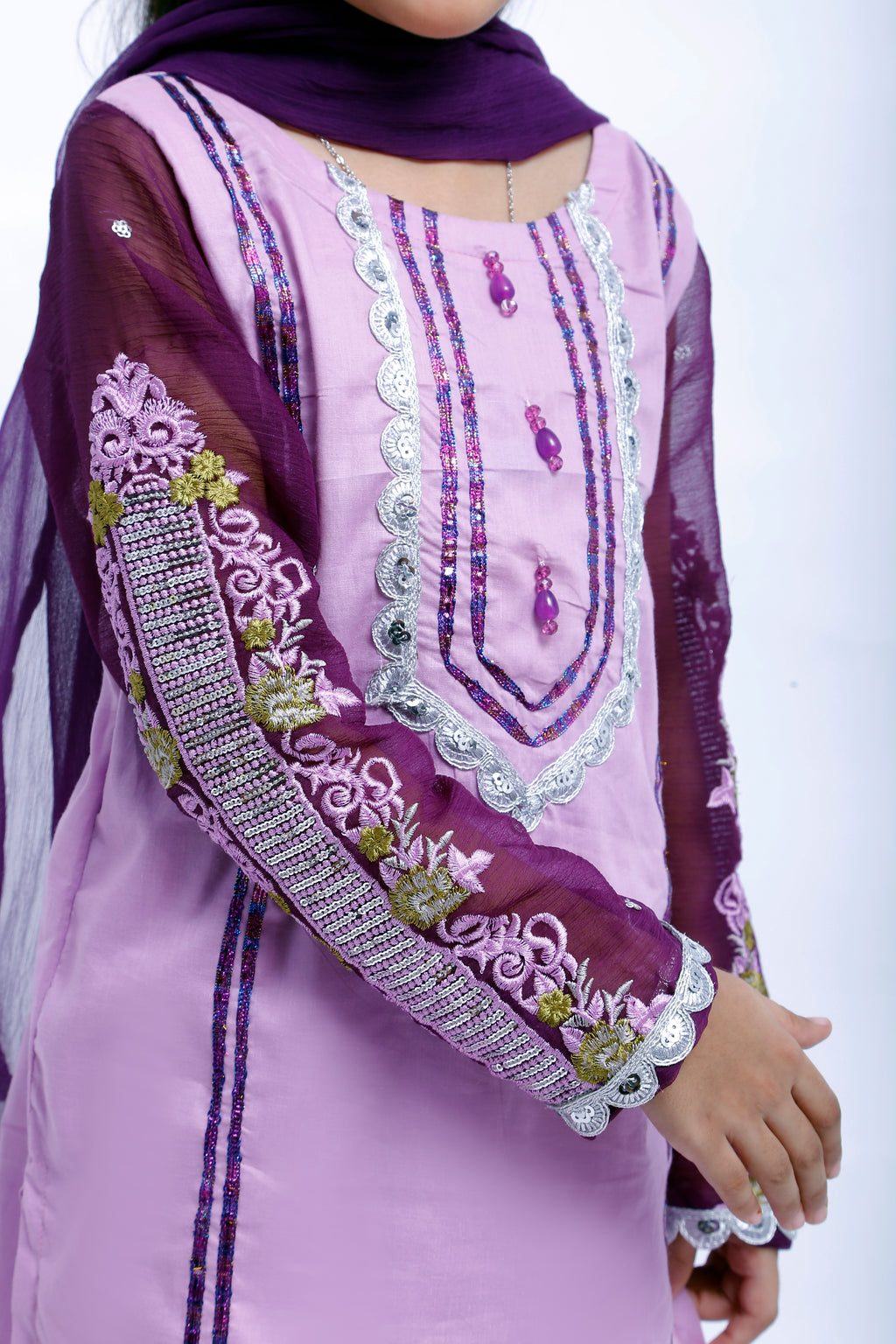 3 piece Light Purple Farshi Shalwar Kameez Suit with Beautiful Silver Sitara Embroidered Purple Chiffon Sleeves & Purple Chiffon Dupatta. (Stitch)