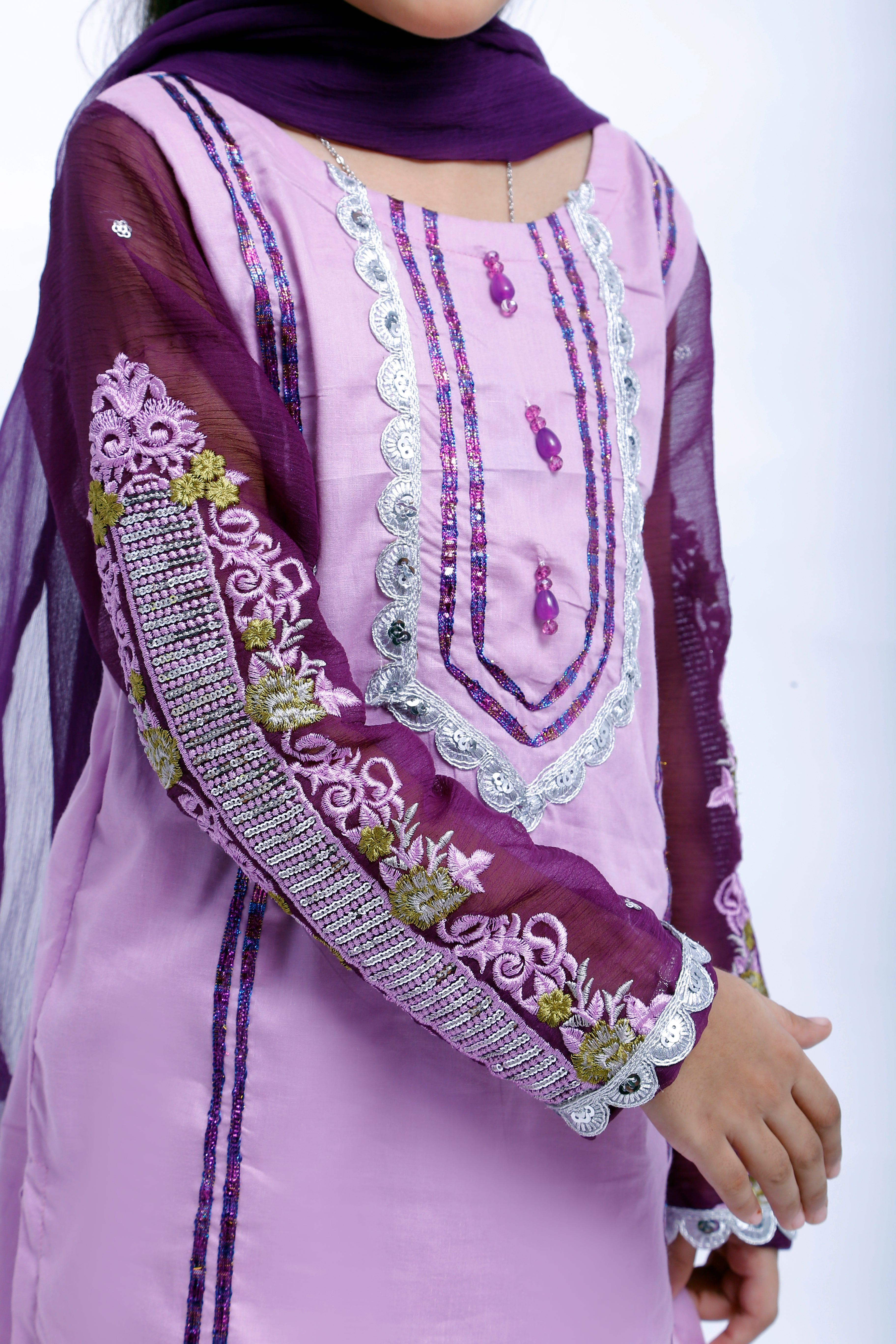 3 piece Light Purple Farshi Shalwar Kameez Suit with Beautiful Silver Sitara Embroidered Purple Chiffon Sleeves & Purple Chiffon Dupatta. (Stitch)