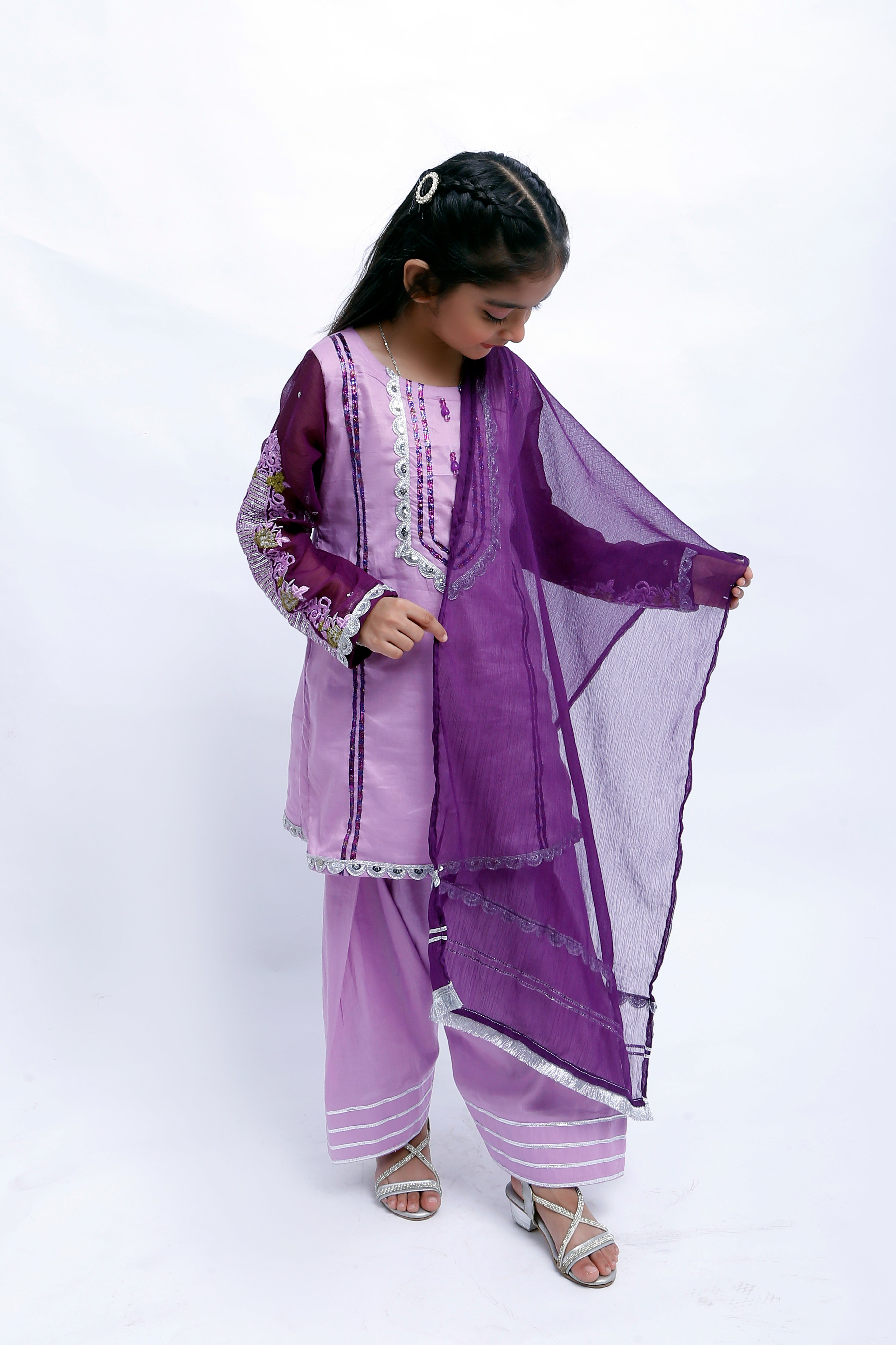 3 piece Light Purple Farshi Shalwar Kameez Suit with Beautiful Silver Sitara Embroidered Purple Chiffon Sleeves & Purple Chiffon Dupatta. (Stitch)