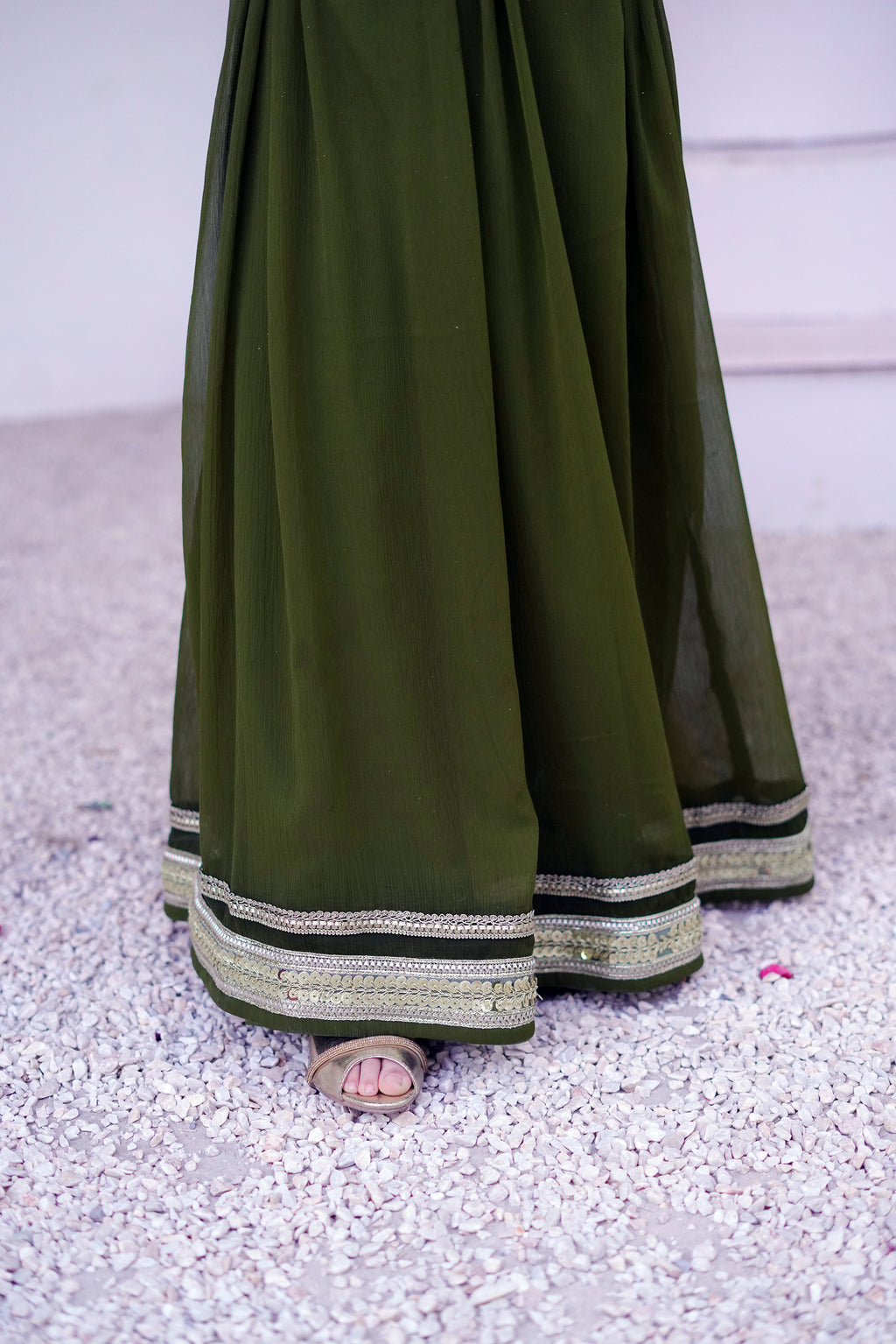 3 piece Mehdi Green Chiffon MAXI with Golden Chiffon Dupatta & Laces with Tussles.(Stitch)