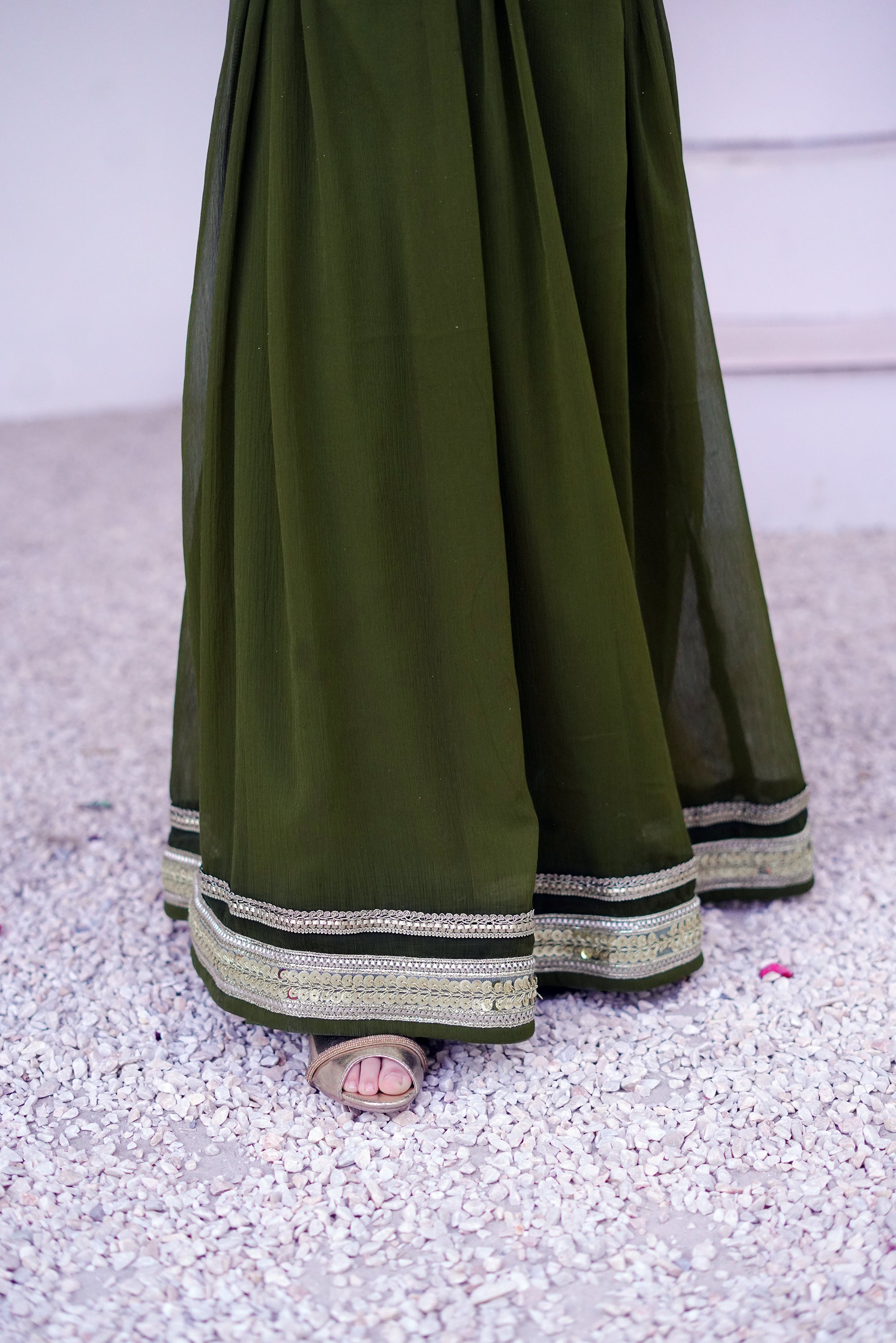 3 piece Mehdi Green Chiffon MAXI with Golden Chiffon Dupatta & Laces with Tussles.(Stitch)