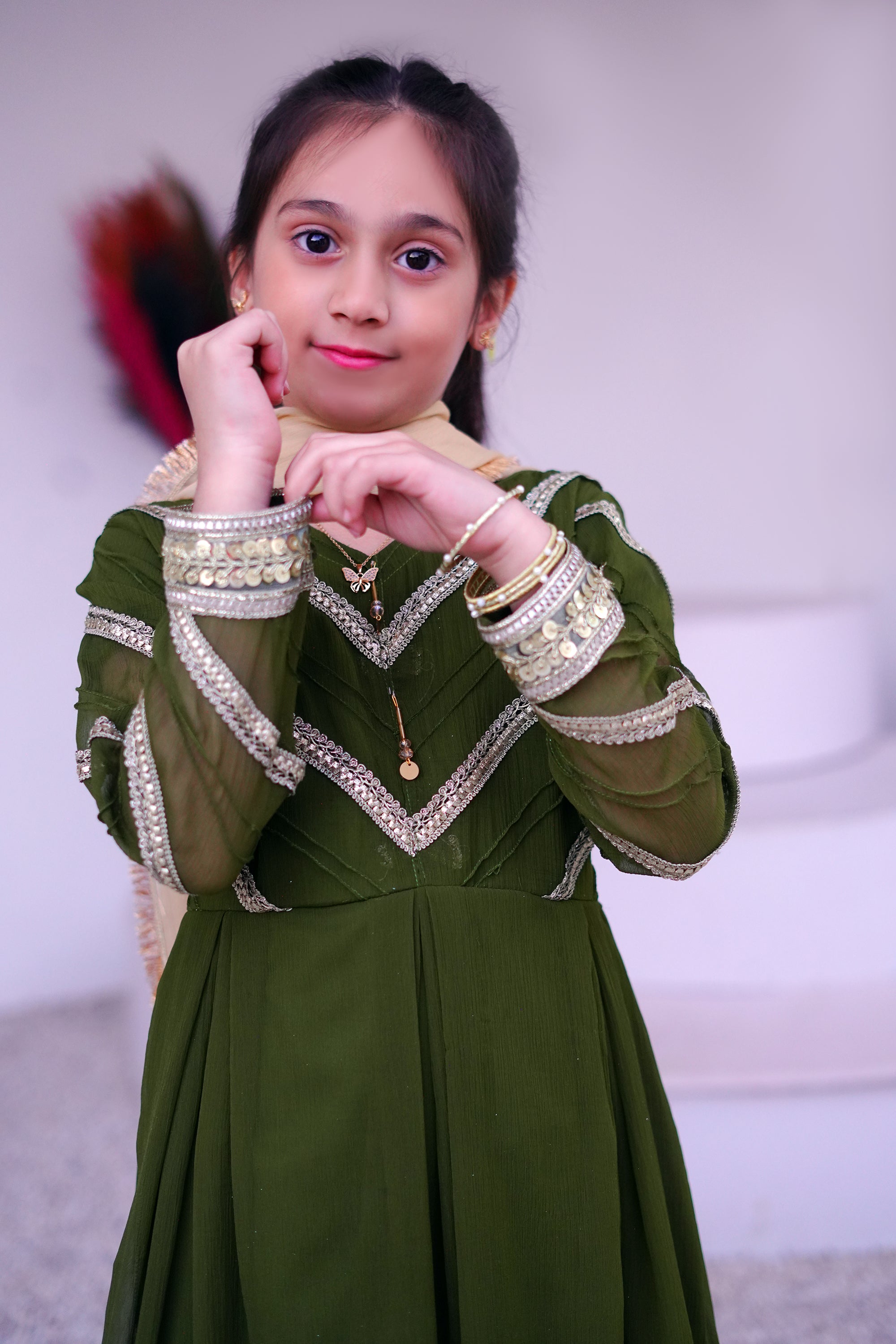 3 piece Mehdi Green Chiffon MAXI with Golden Chiffon Dupatta & Laces with Tussles.(Stitch)