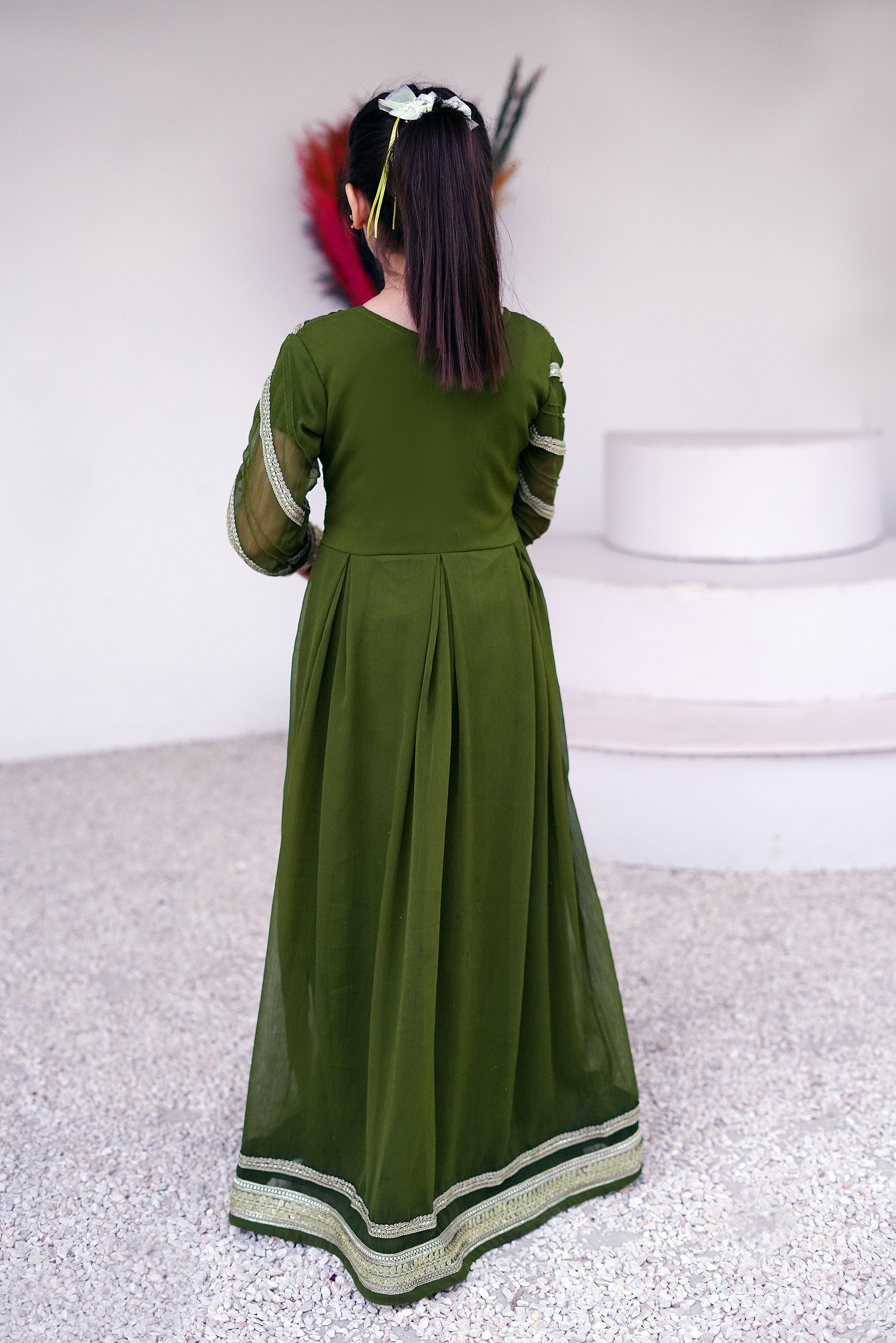 3 piece Mehdi Green Chiffon MAXI with Golden Chiffon Dupatta & Laces with Tussles.(Stitch)