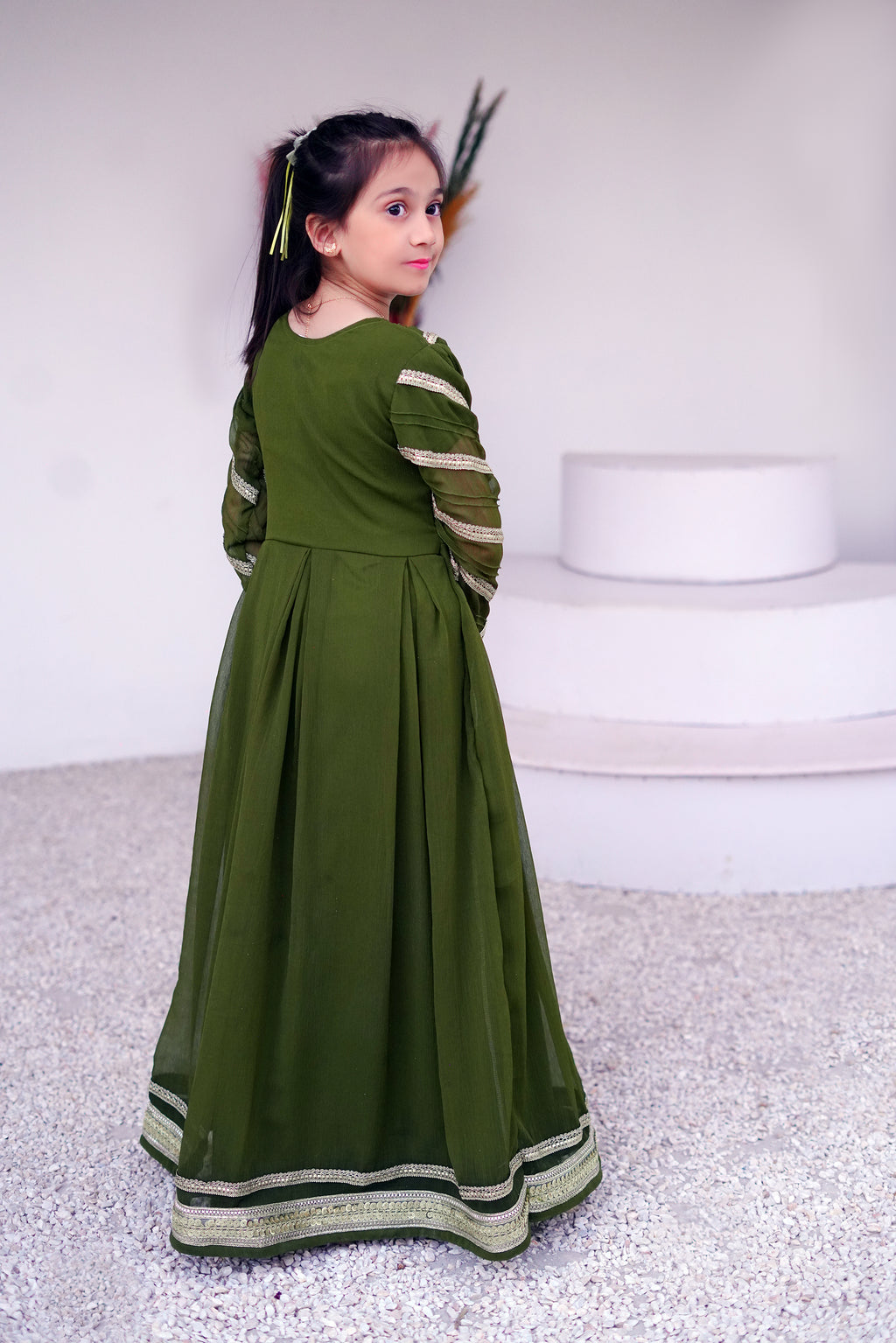 3 piece Mehdi Green Chiffon MAXI with Golden Chiffon Dupatta & Laces with Tussles.(Stitch)