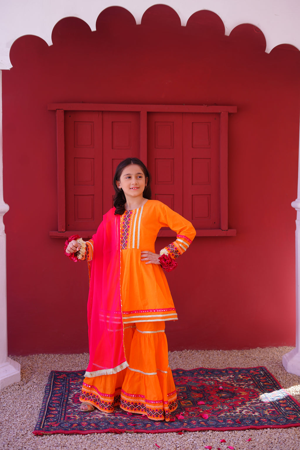 3 piece Orange Embroidered Cotton Peplum Frock Gharara Suit with Shocking Pink Chiffon Dupatta & Laces.(Stitch)