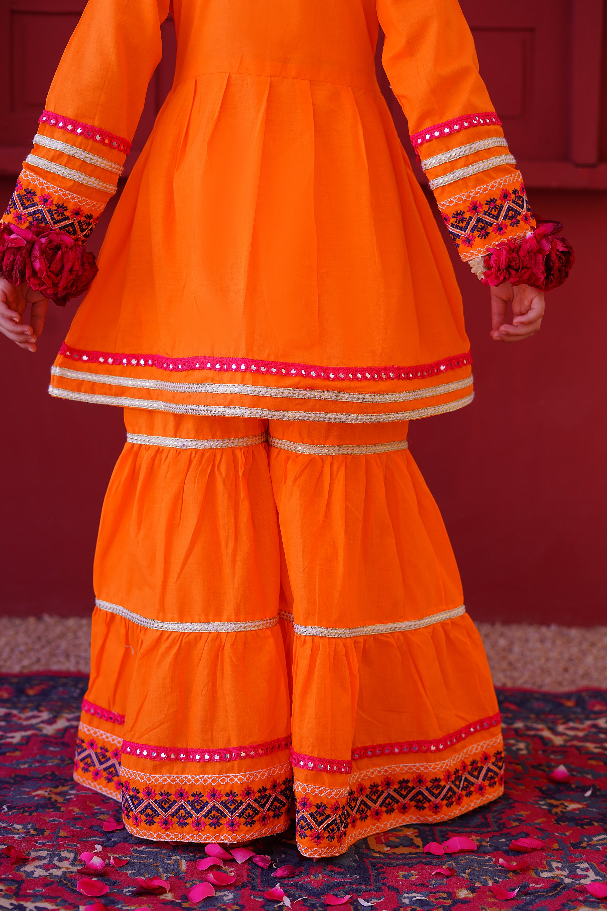 3 piece Orange Embroidered Cotton Peplum Frock Gharara Suit with Shocking Pink Chiffon Dupatta & Laces.(Stitch)