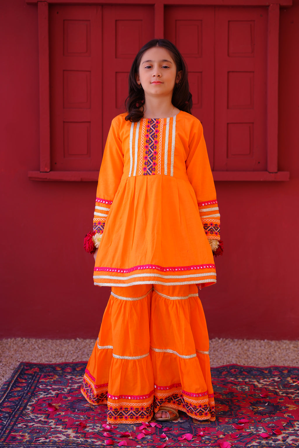 3 piece Orange Embroidered Cotton Peplum Frock Gharara Suit with Shocking Pink Chiffon Dupatta & Laces.(Stitch)