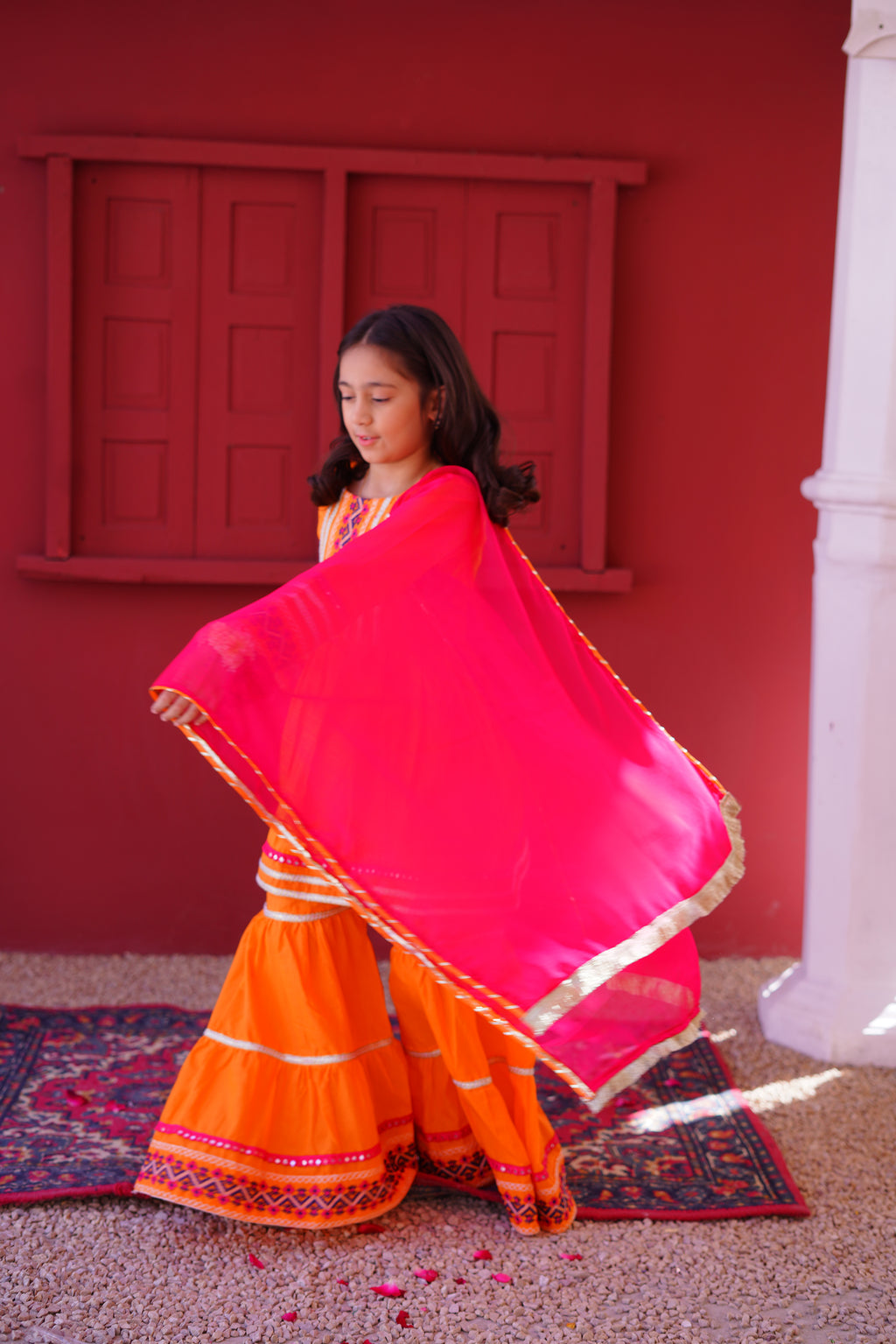 3 piece Orange Embroidered Cotton Peplum Frock Gharara Suit with Shocking Pink Chiffon Dupatta & Laces.(Stitch)