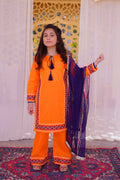 3 piece Orange Embroidered Cotton Palazzo Suit with Navy Blue Chiffon Dupatta & Laces.(Stitch).