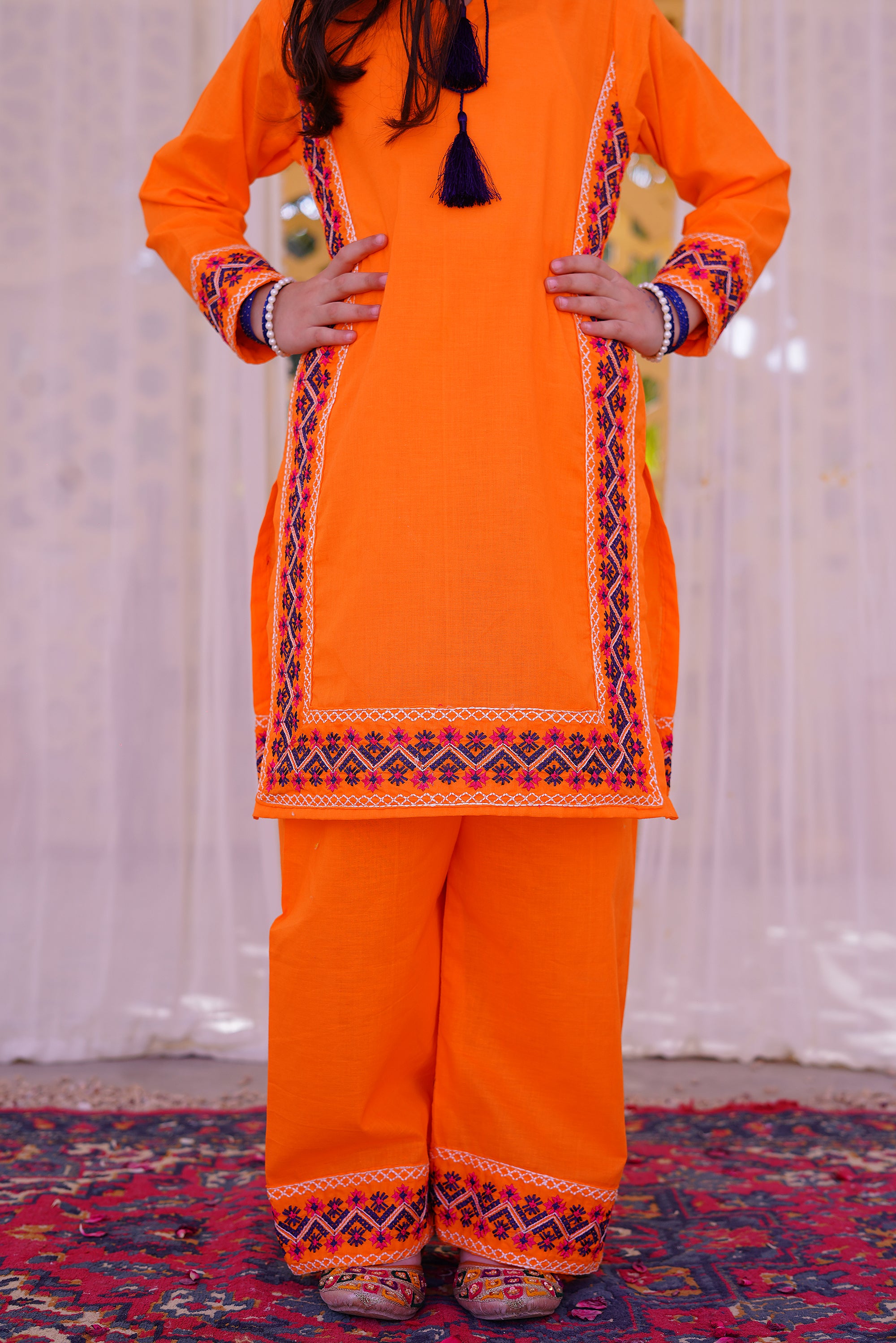 3 piece Orange Embroidered Cotton Palazzo Suit with Navy Blue Chiffon Dupatta & Laces.(Stitch).