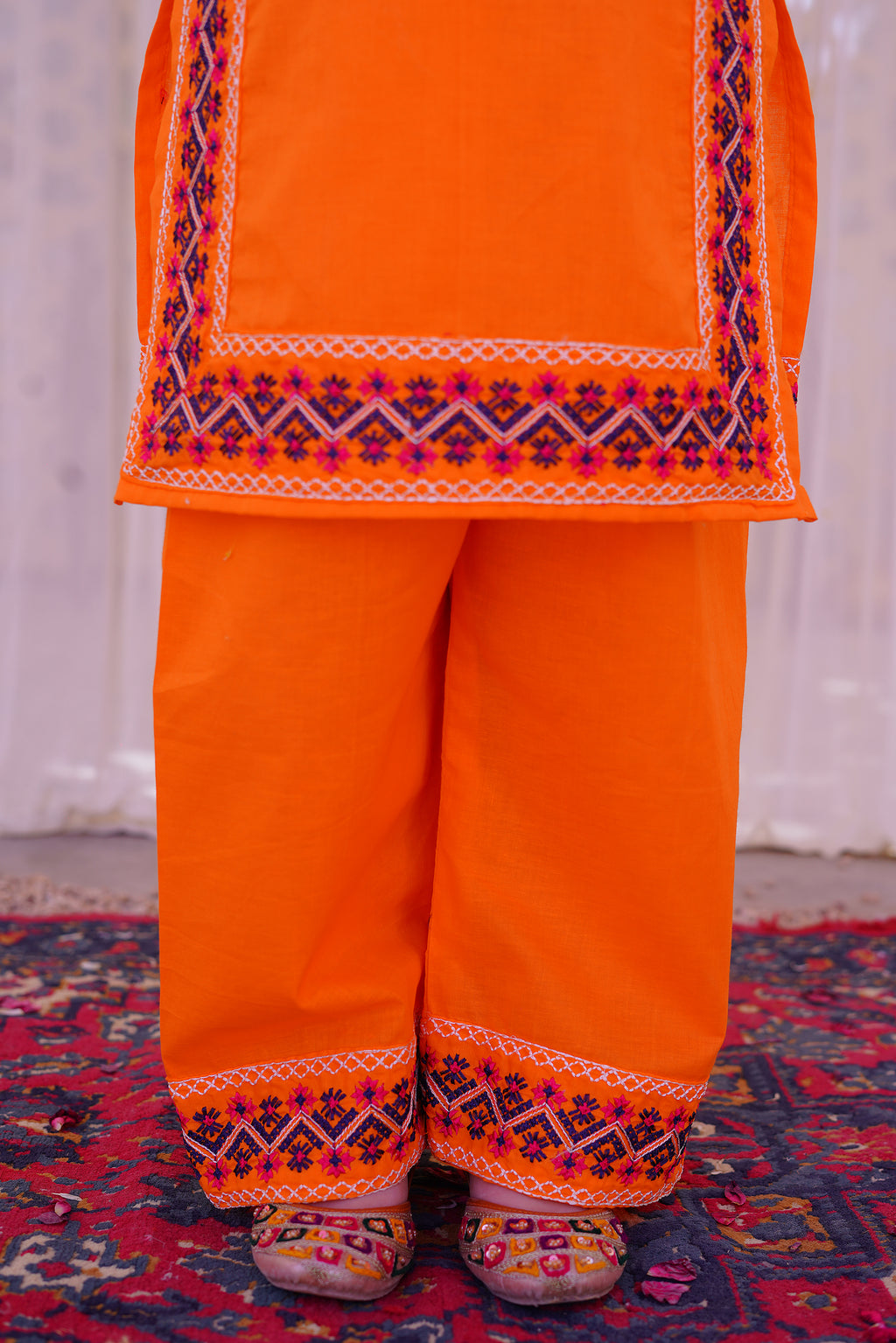 3 piece Orange Embroidered Cotton Palazzo Suit with Navy Blue Chiffon Dupatta & Laces.(Stitch).