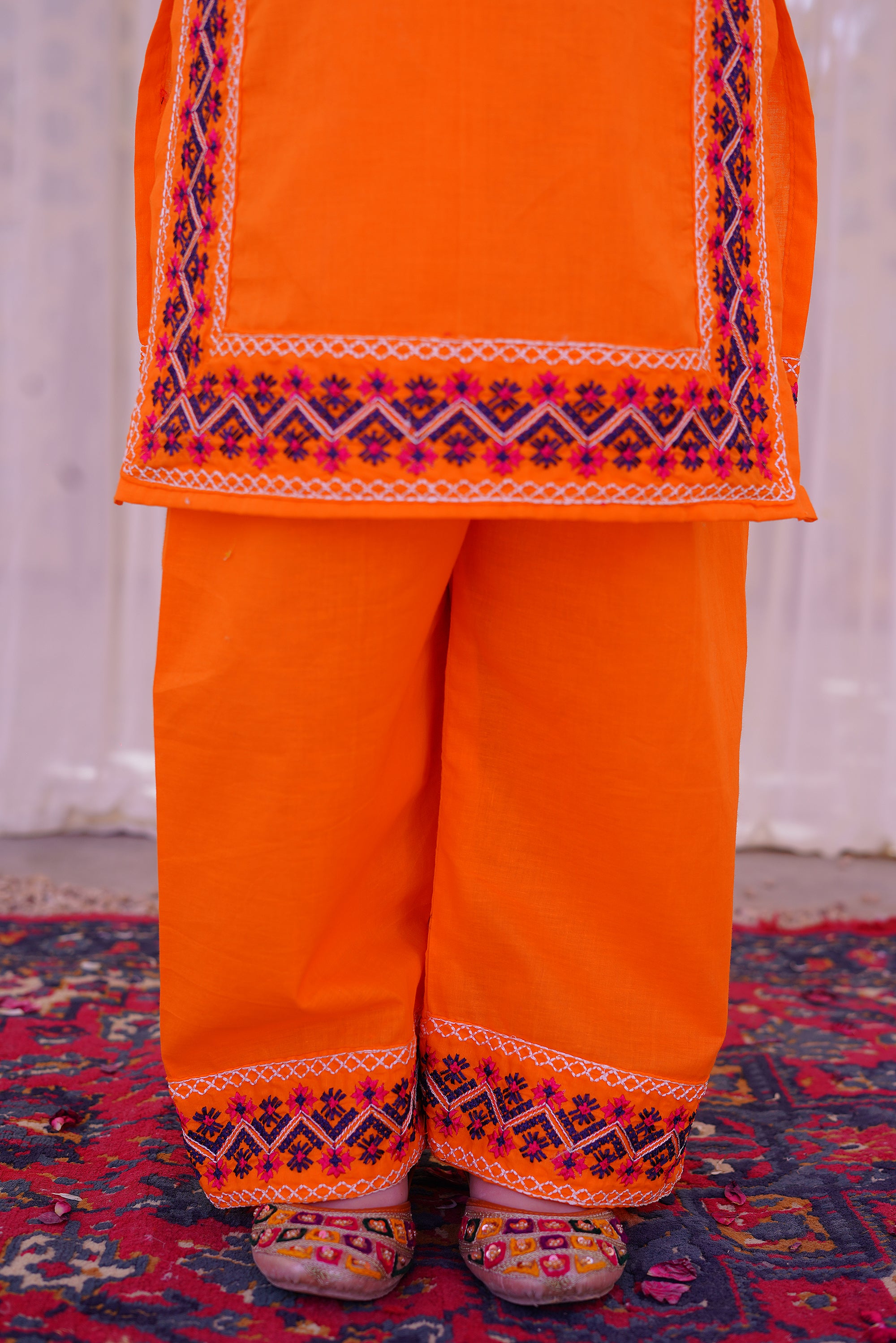 3 piece Orange Embroidered Cotton Palazzo Suit with Navy Blue Chiffon Dupatta & Laces.(Stitch).