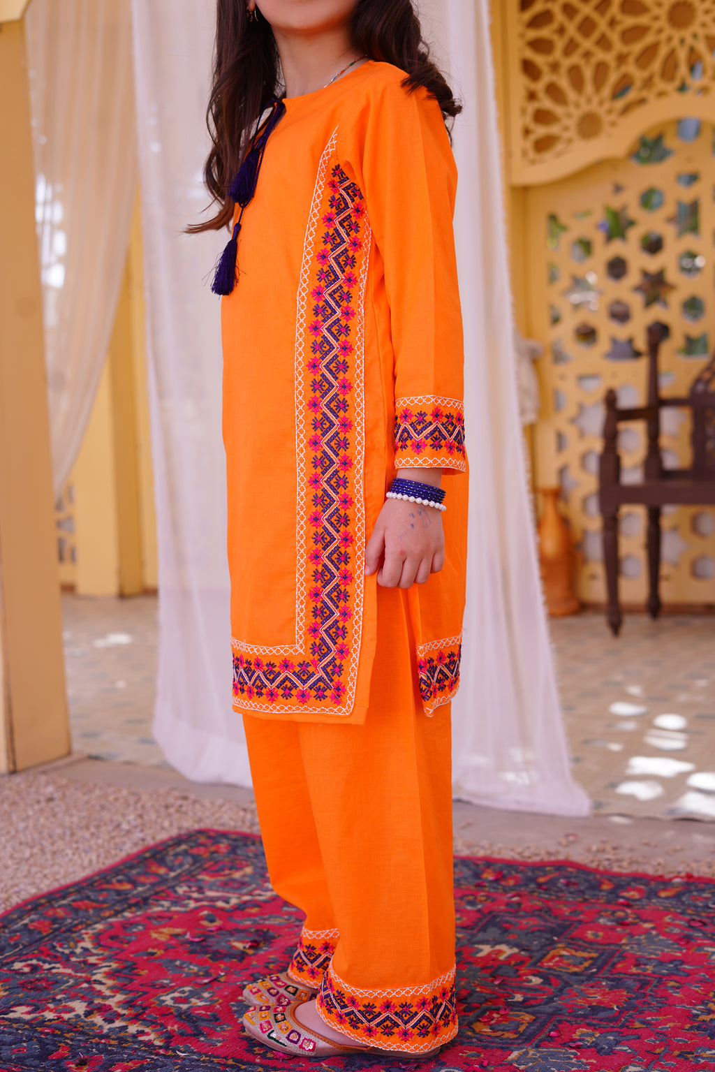 3 piece Orange Embroidered Cotton Palazzo Suit with Navy Blue Chiffon Dupatta & Laces.(Stitch).
