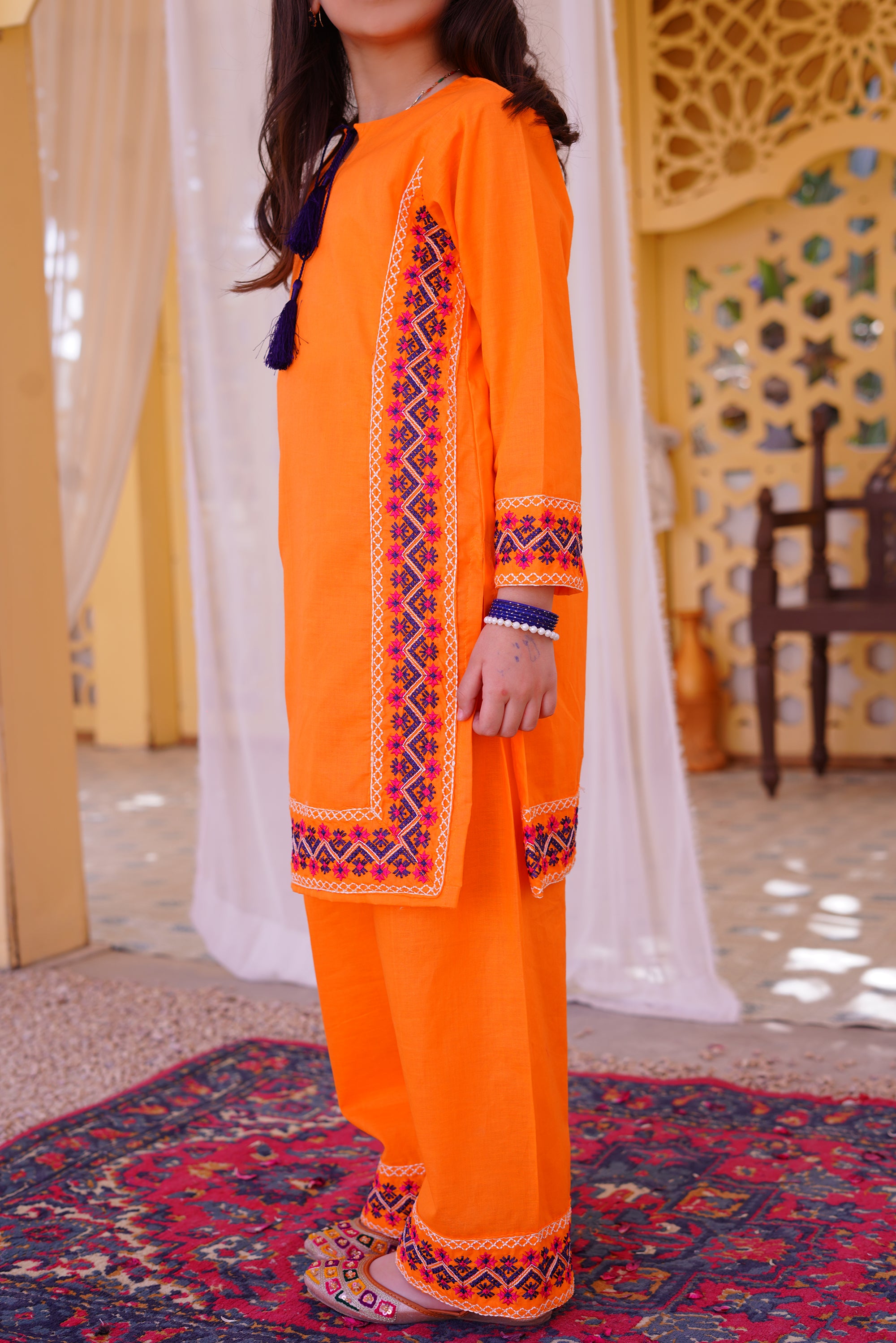 3 piece Orange Embroidered Cotton Palazzo Suit with Navy Blue Chiffon Dupatta & Laces.(Stitch).