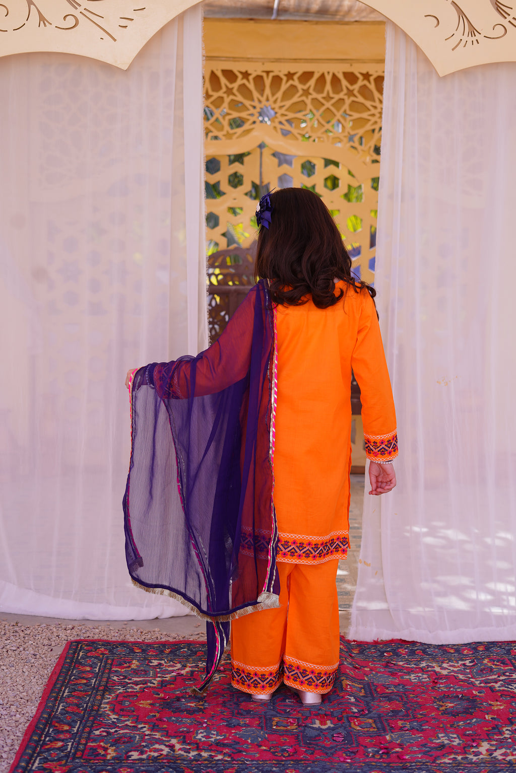 3 piece Orange Embroidered Cotton Palazzo Suit with Navy Blue Chiffon Dupatta & Laces.(Stitch).