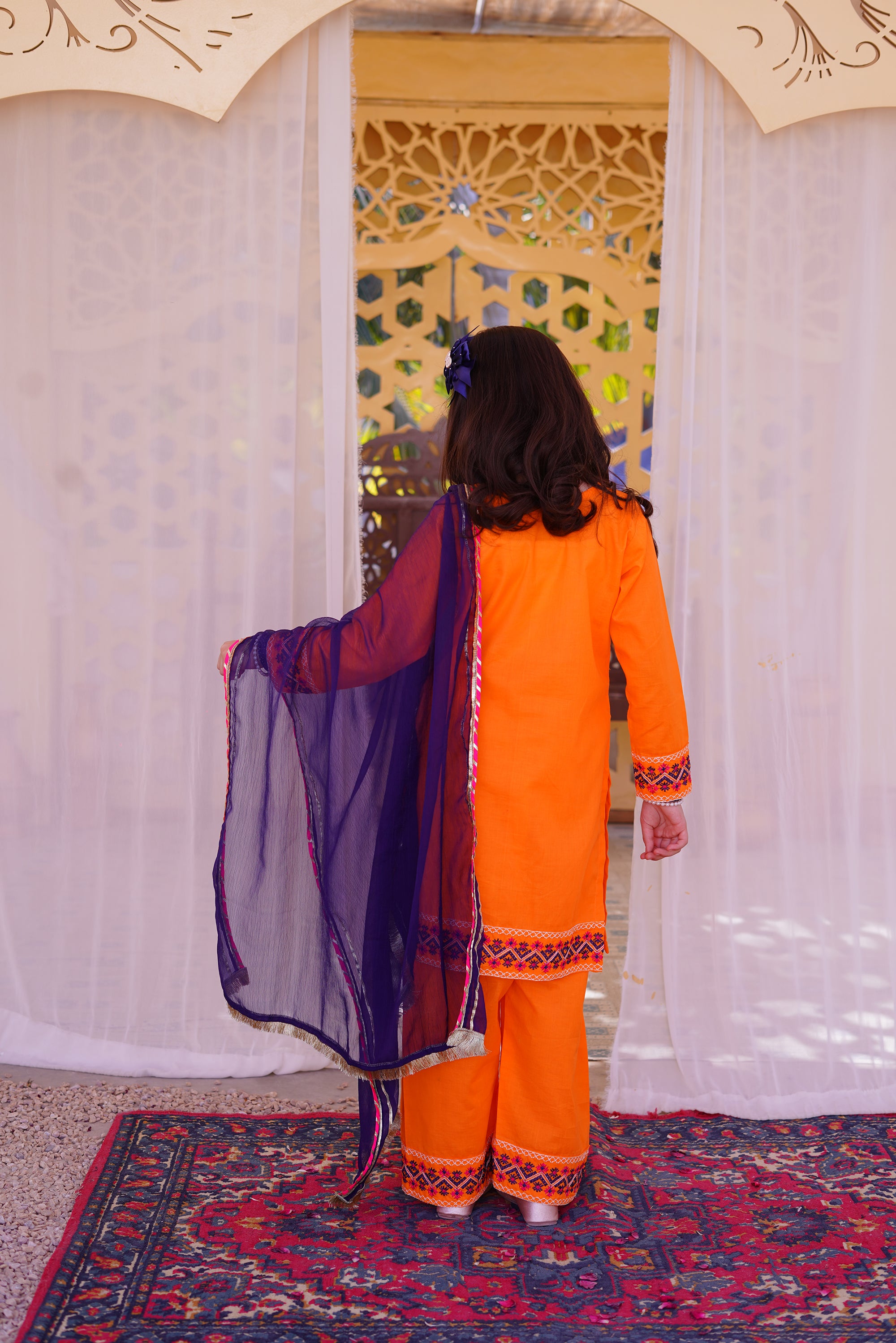 3 piece Orange Embroidered Cotton Palazzo Suit with Navy Blue Chiffon Dupatta & Laces.(Stitch).