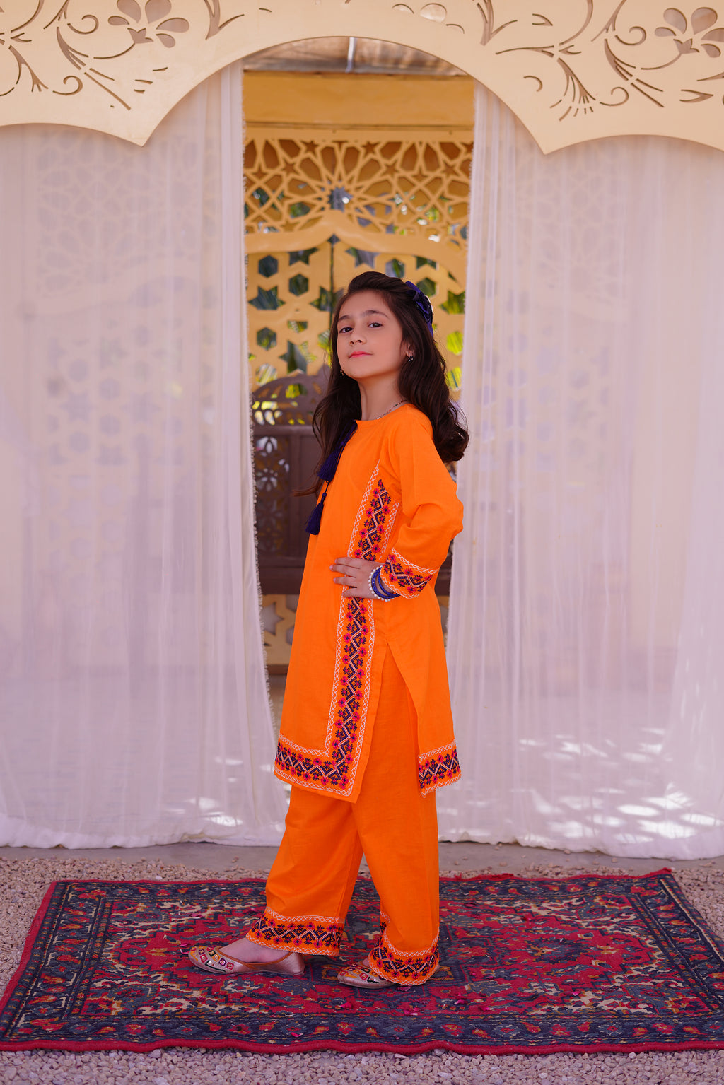 3 piece Orange Embroidered Cotton Palazzo Suit with Navy Blue Chiffon Dupatta & Laces.(Stitch).