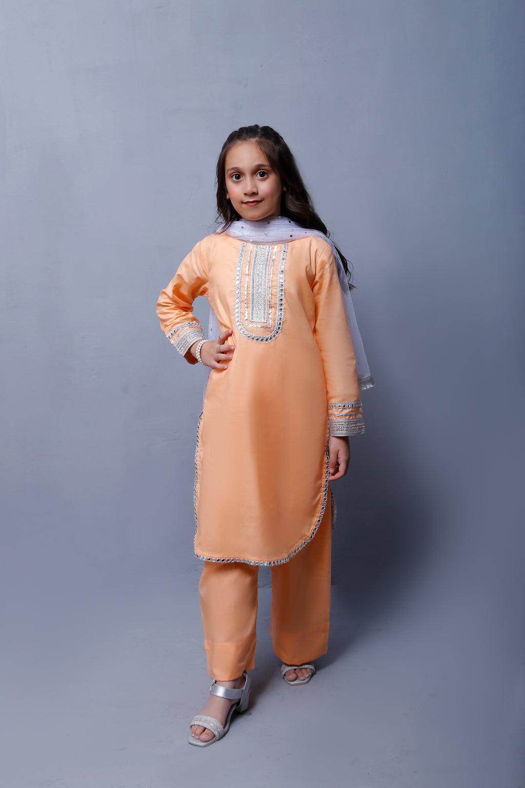 3 piece Peach Cotton Plazo Shalwar Kameez Suit with White/Silver Laces & White/Silver net chan Dupatta.(Stitch)