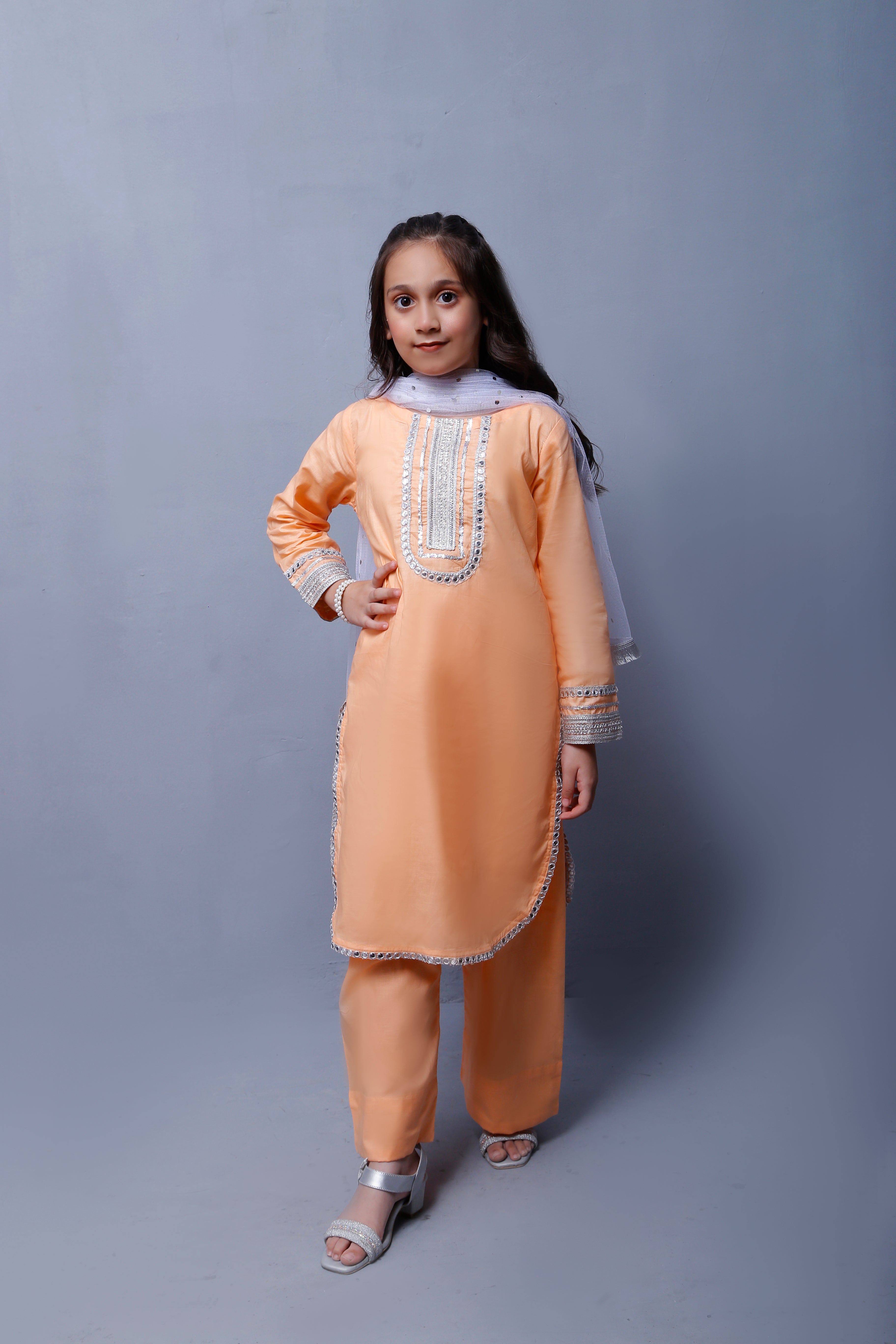 3 piece Peach Cotton Plazo Shalwar Kameez Suit with White/Silver Laces & White/Silver net chan Dupatta.(Stitch)