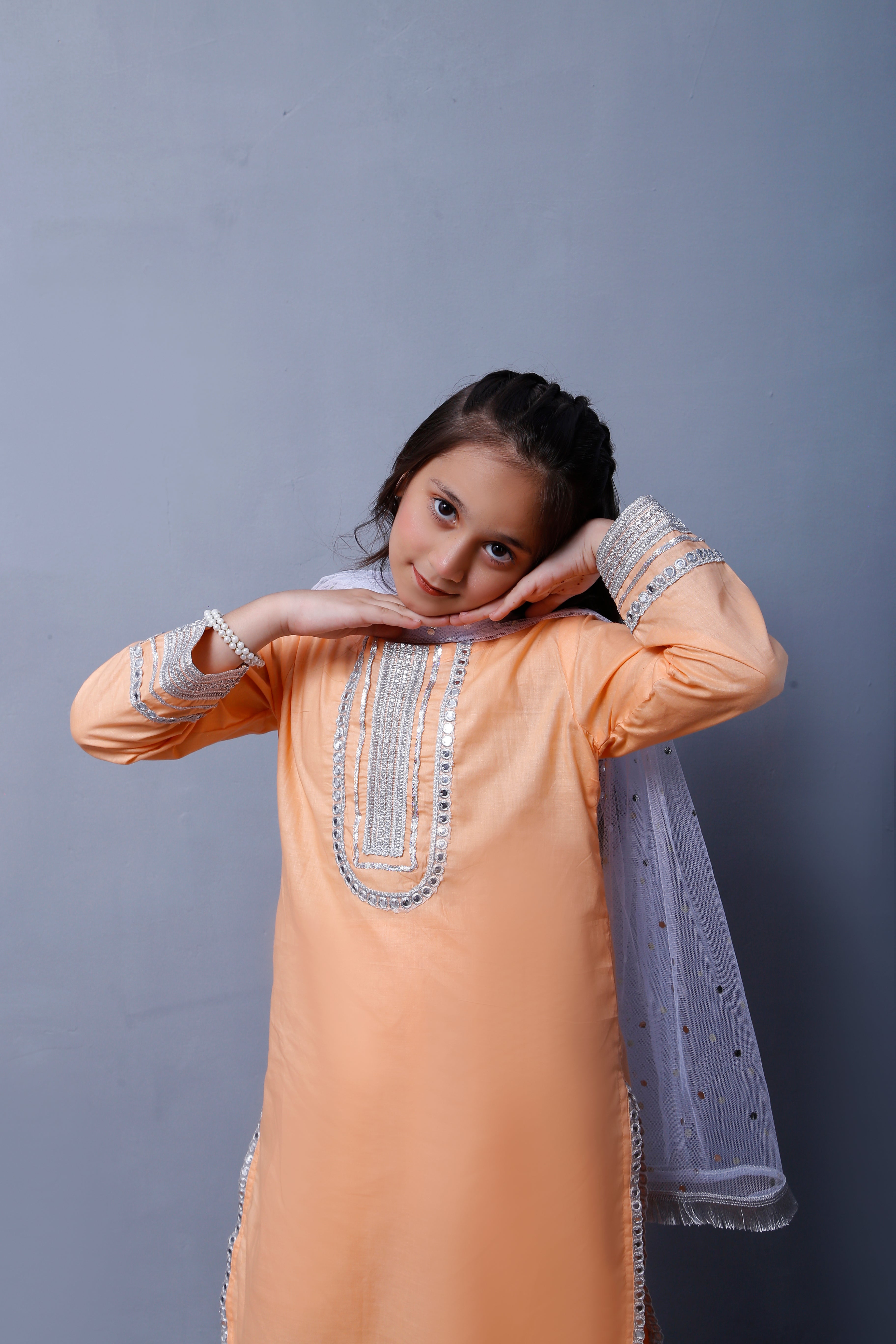 3 piece Peach Cotton Plazo Shalwar Kameez Suit with White/Silver Laces & White/Silver net chan Dupatta.(Stitch)