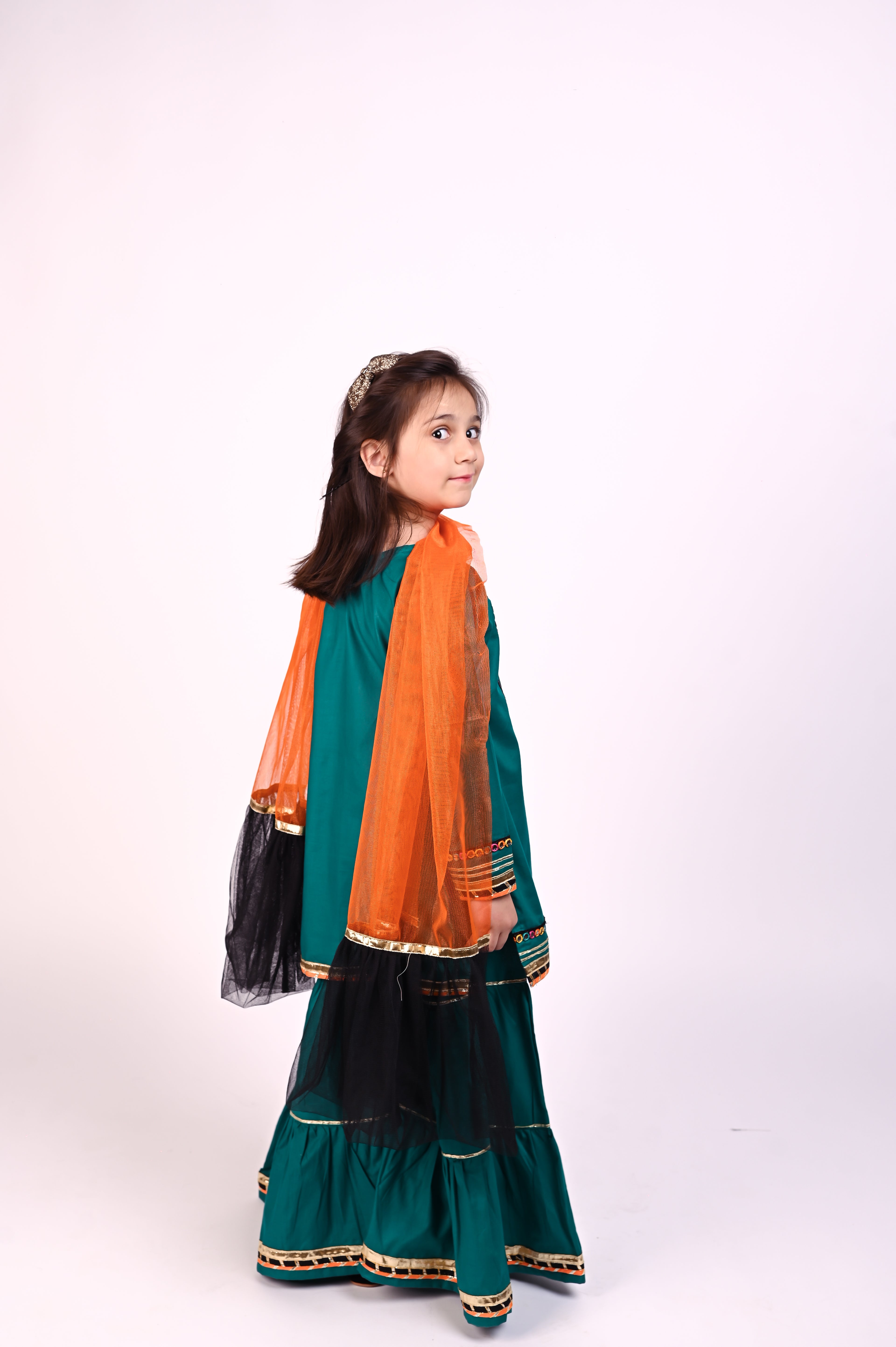 3 piece Sea Green Cotton Gharara Suit with Orange & Black frill net Dupatta & Multicolor mirror Laces.(Stitch)