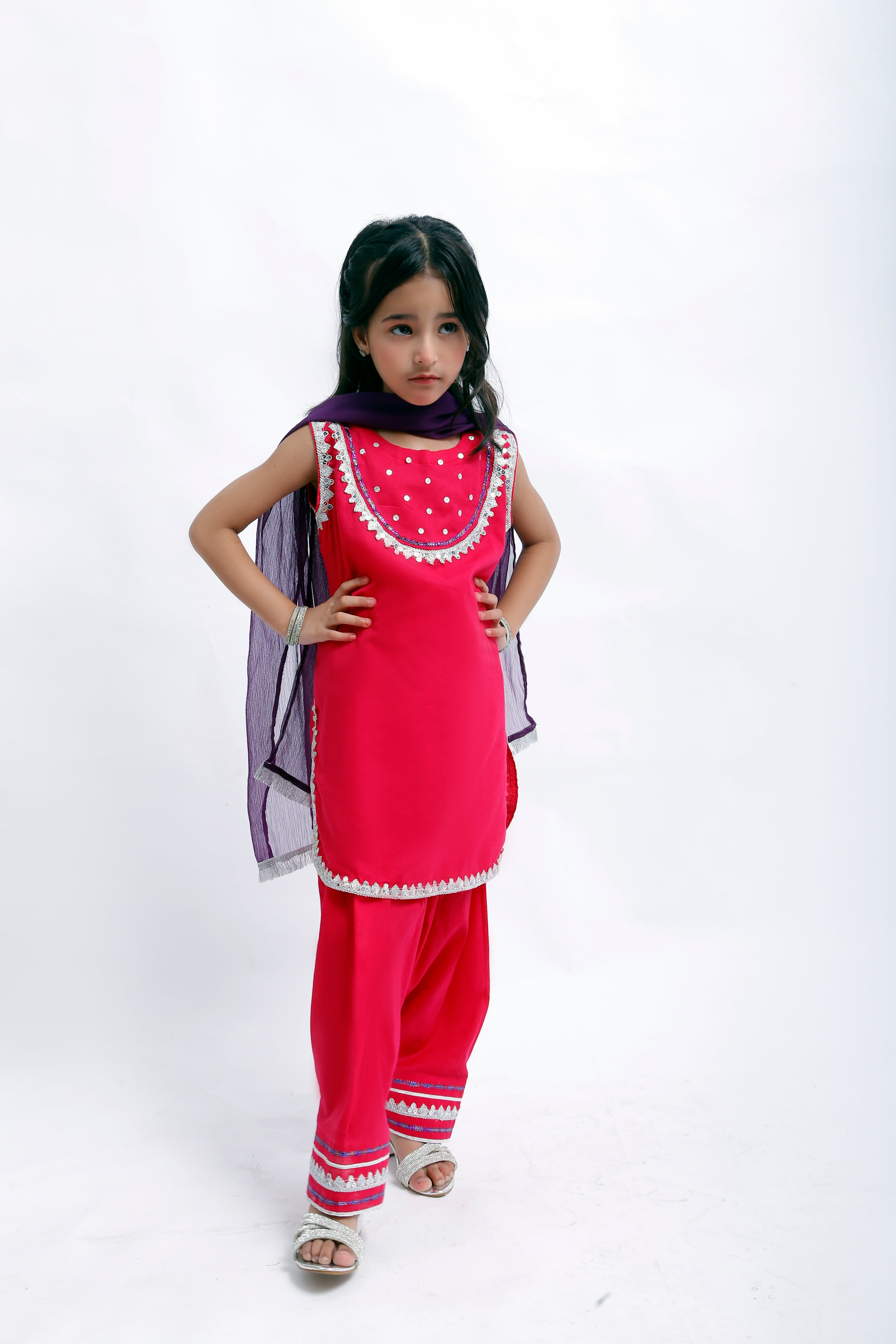 3 piece Elegant Shocking Pink Cotton Farshi Shalwar Kameez Suit with Silver & Purple Laces & Purple Chiffon Dupatta. (Stitch)