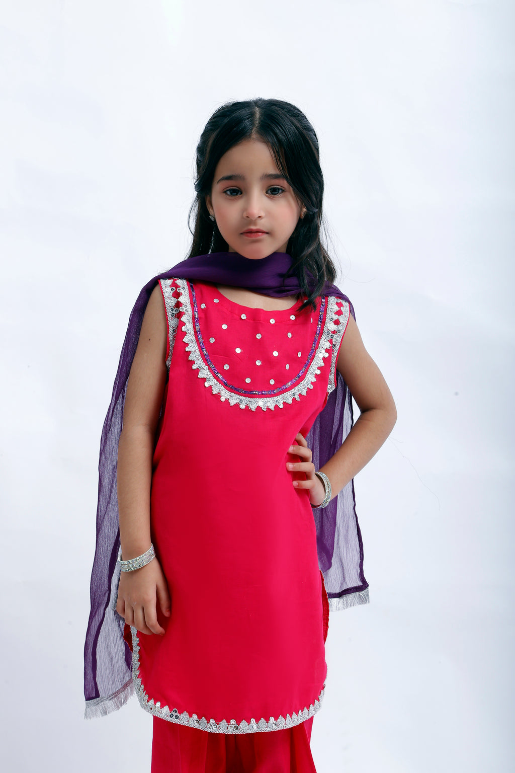 3 piece Elegant Shocking Pink Cotton Farshi Shalwar Kameez Suit with Silver & Purple Laces & Purple Chiffon Dupatta. (Stitch)