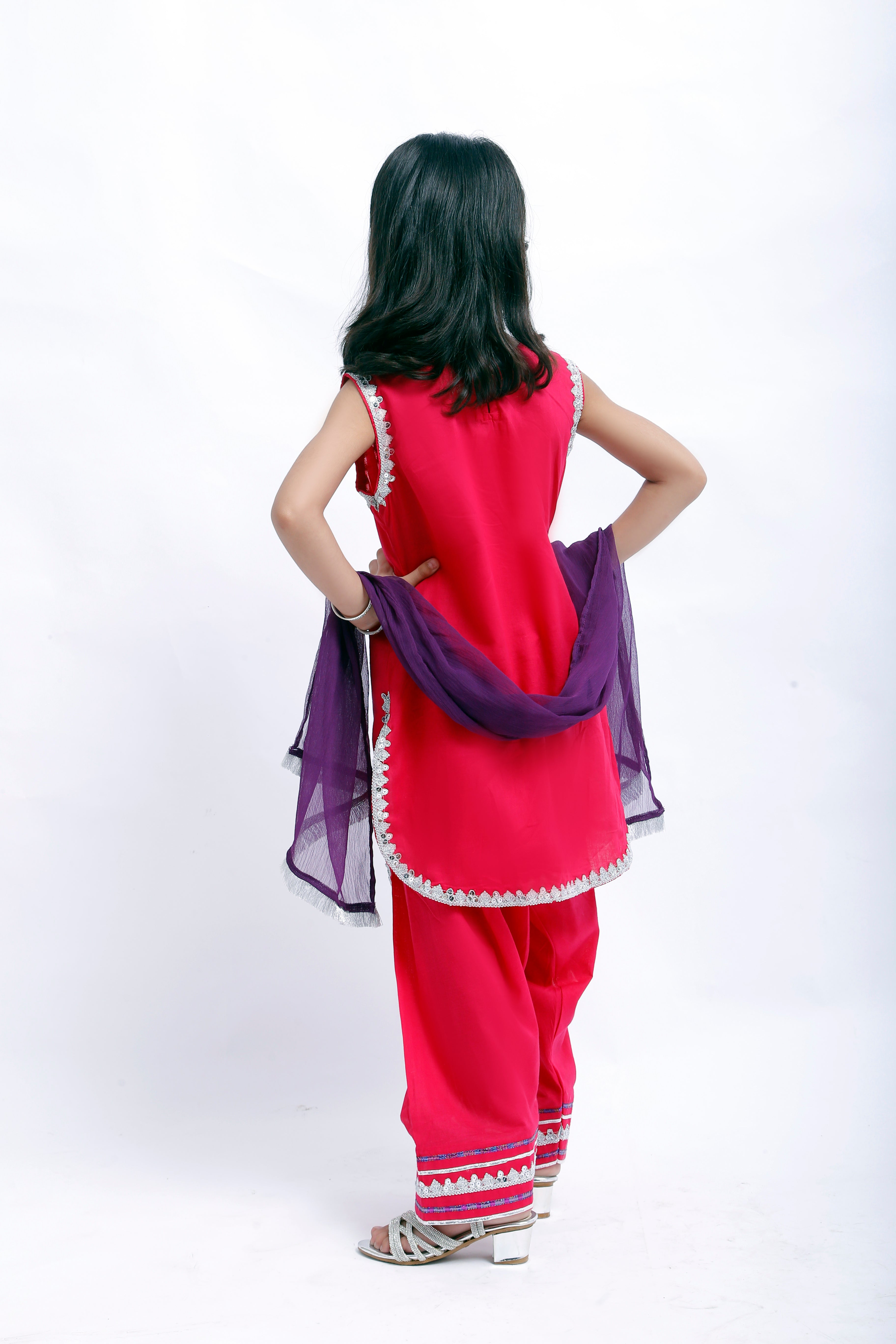 3 piece Elegant Shocking Pink Cotton Farshi Shalwar Kameez Suit with Silver & Purple Laces & Purple Chiffon Dupatta. (Stitch)