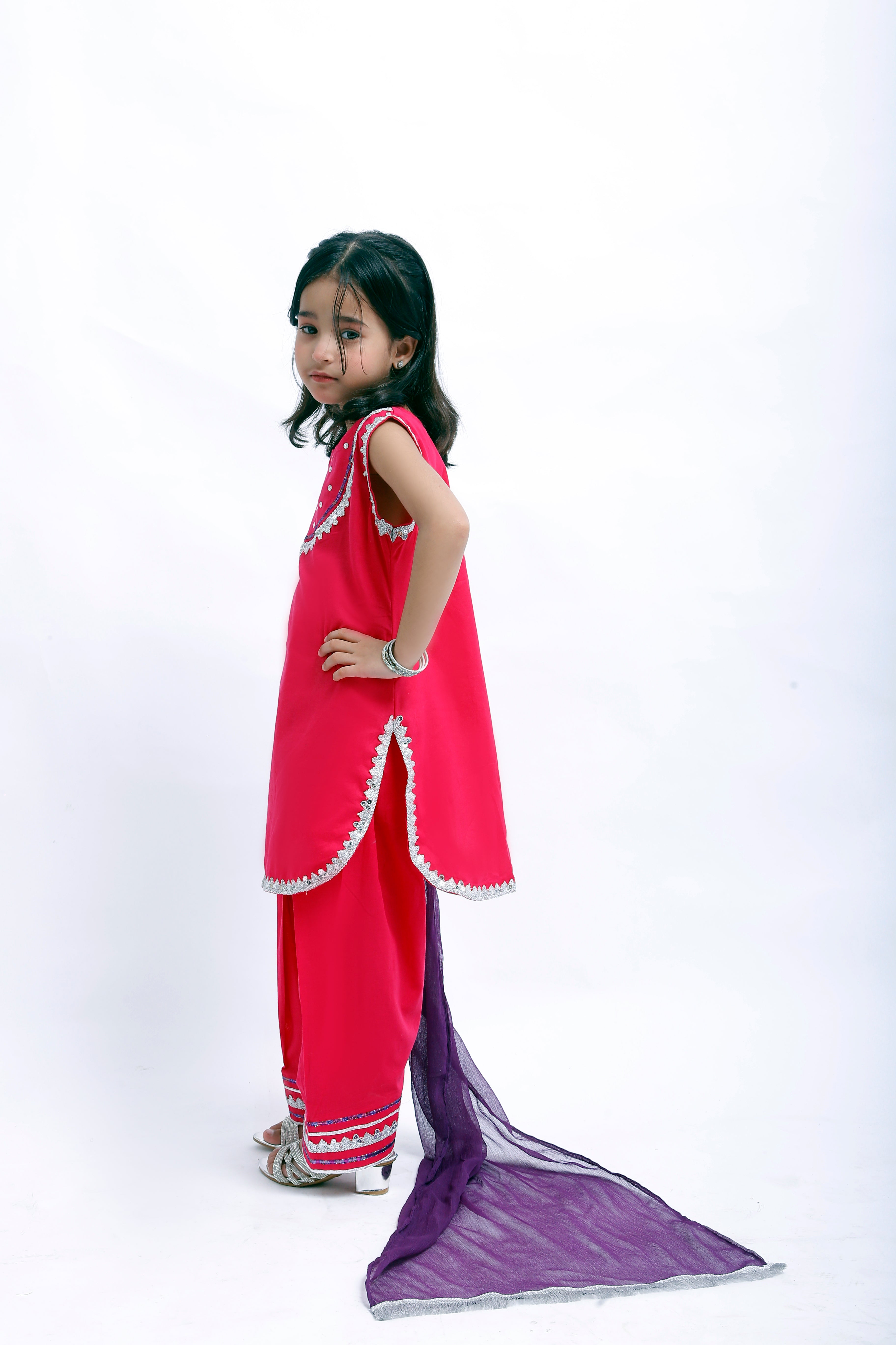 3 piece Elegant Shocking Pink Cotton Farshi Shalwar Kameez Suit with Silver & Purple Laces & Purple Chiffon Dupatta. (Stitch)
