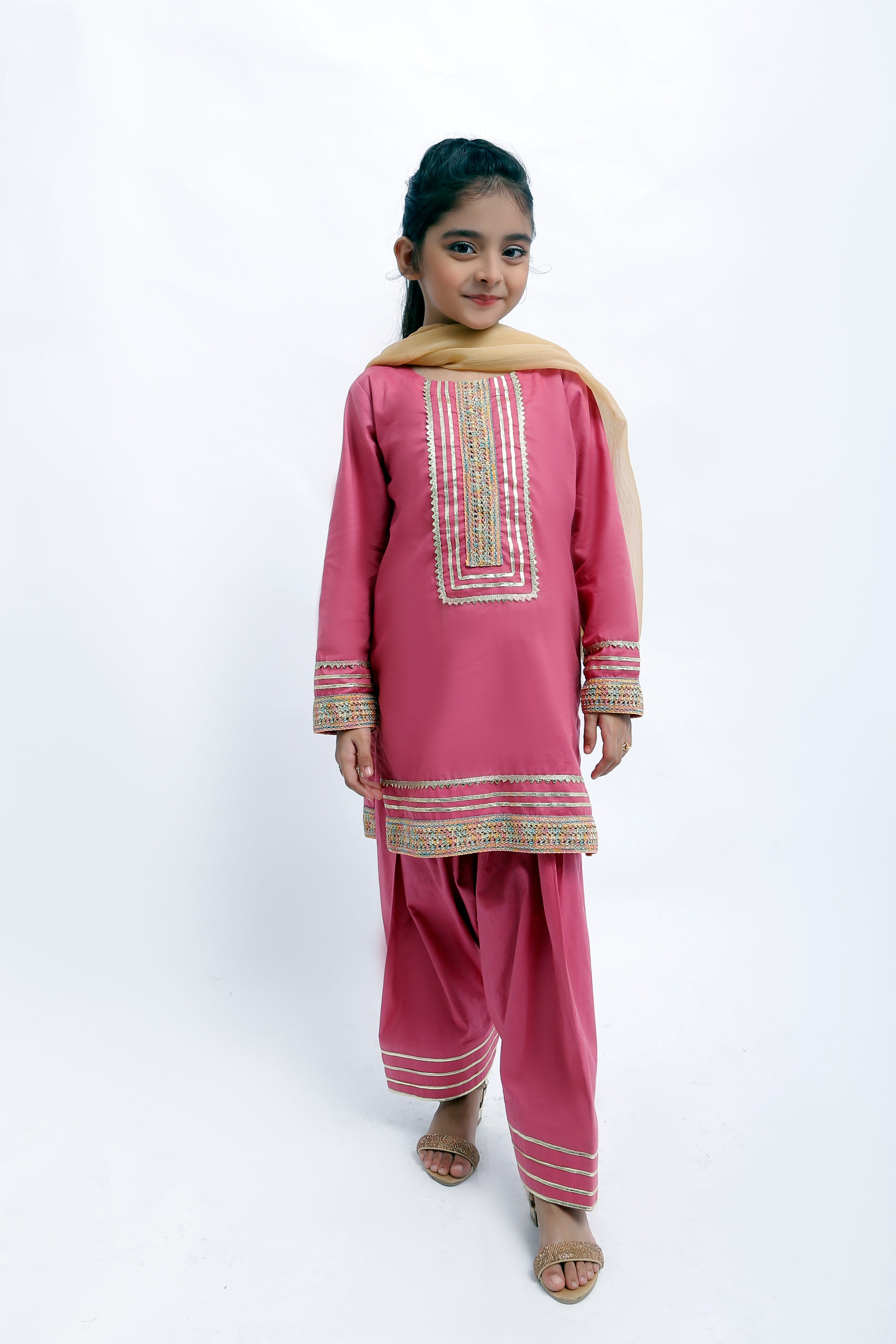 3 piece T-Pink Cotton Farshi Shalwar Kameez Suit with Multicolor & Golden Laces & Golden Chiffon Dupatta. (Stitch)