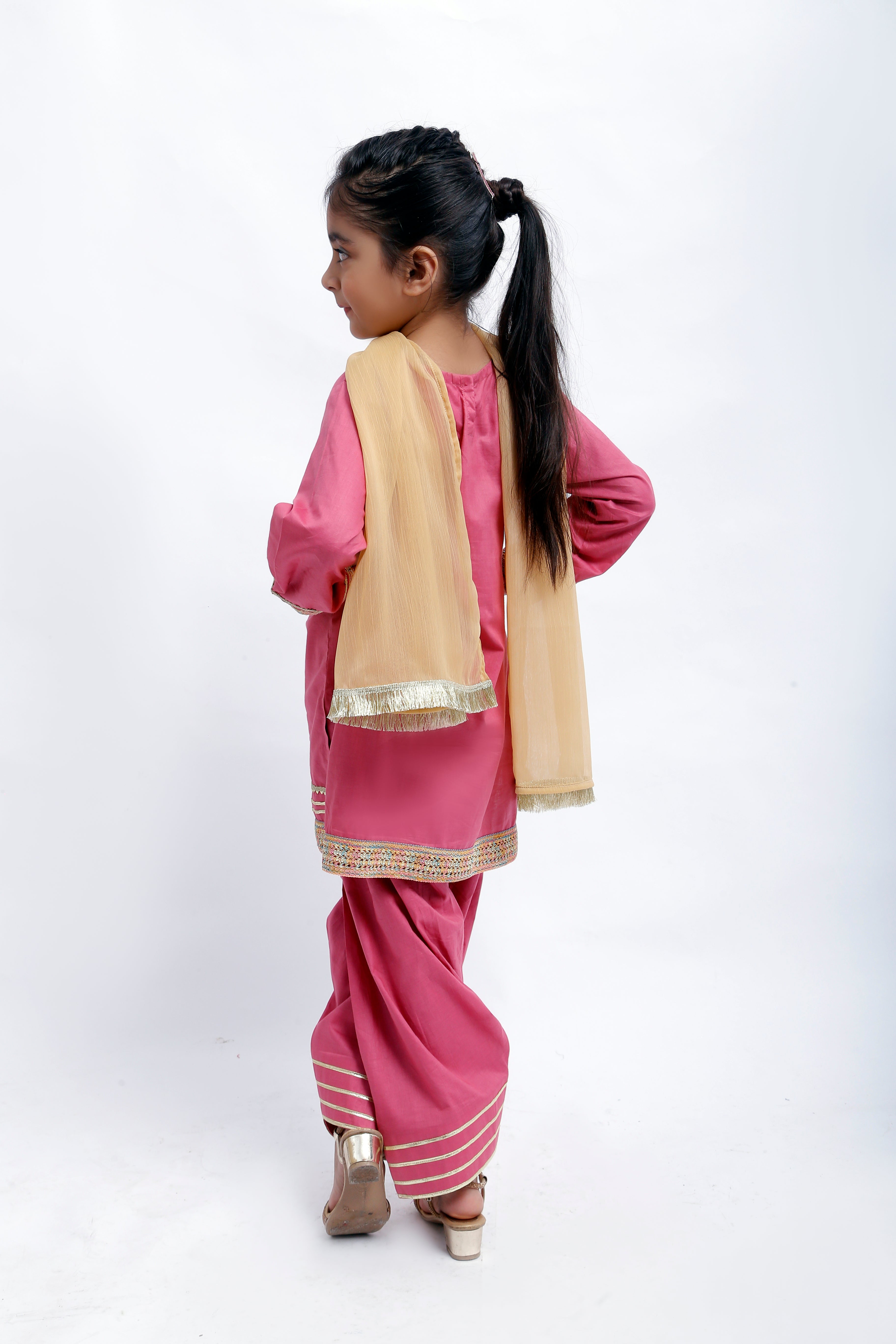 3 piece T-Pink Cotton Farshi Shalwar Kameez Suit with Multicolor & Golden Laces & Golden Chiffon Dupatta. (Stitch)