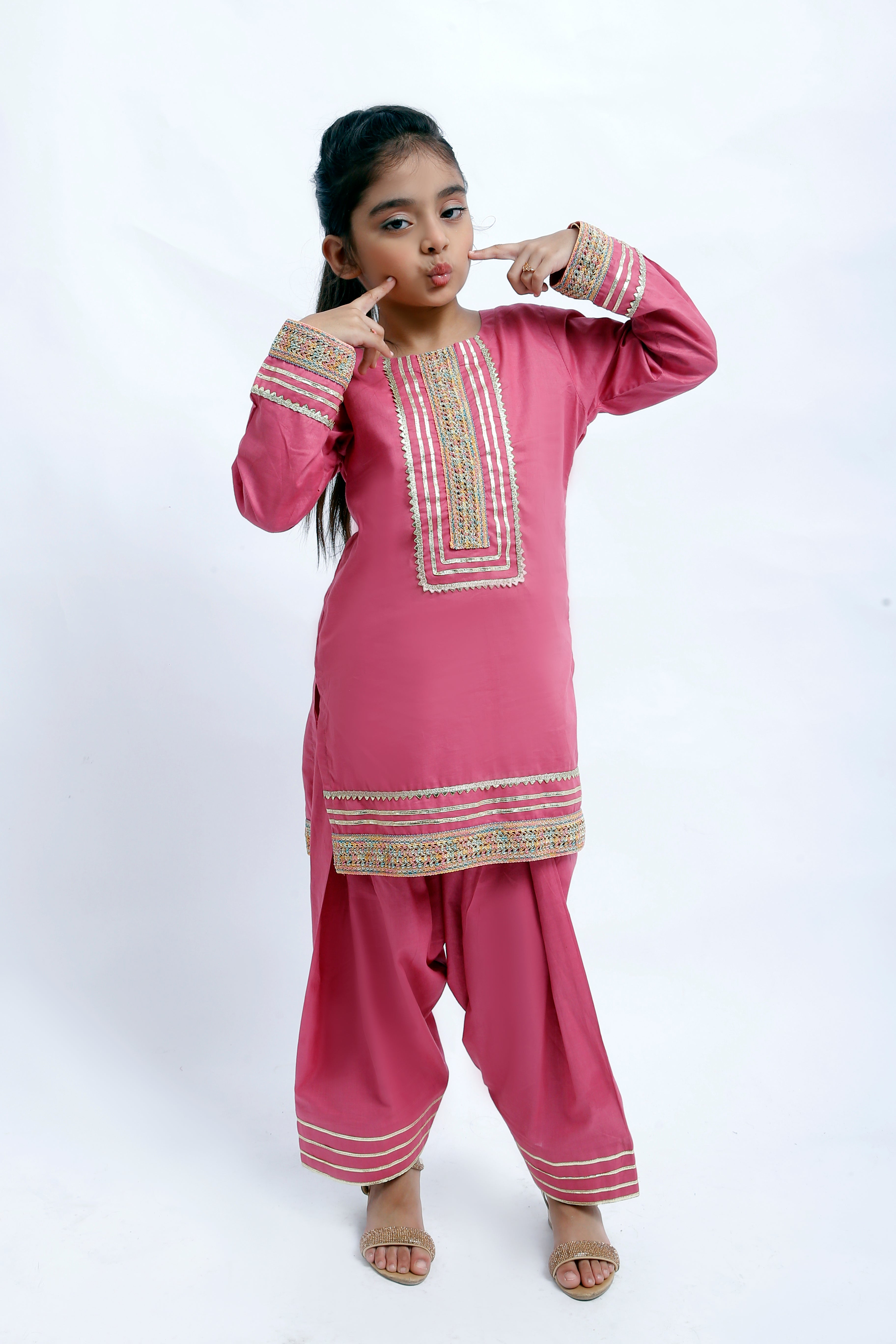 3 piece T-Pink Cotton Farshi Shalwar Kameez Suit with Multicolor & Golden Laces & Golden Chiffon Dupatta. (Stitch)
