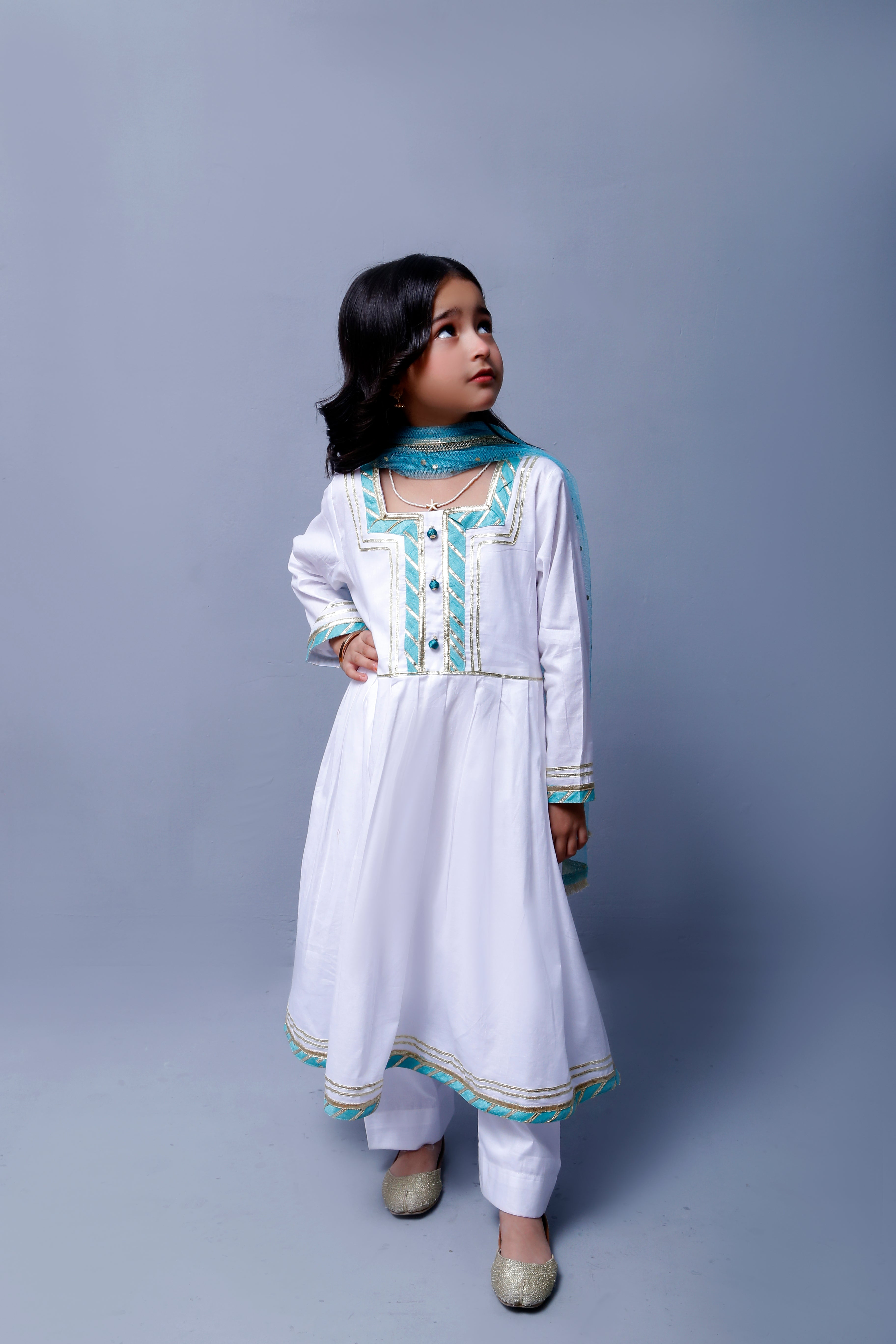 3 piece beautiful White Frock Cotton Suit with Cyan(Aqua Green) Laces & Cyan(Aqua Green) Chan net Dupatta (Stitch).