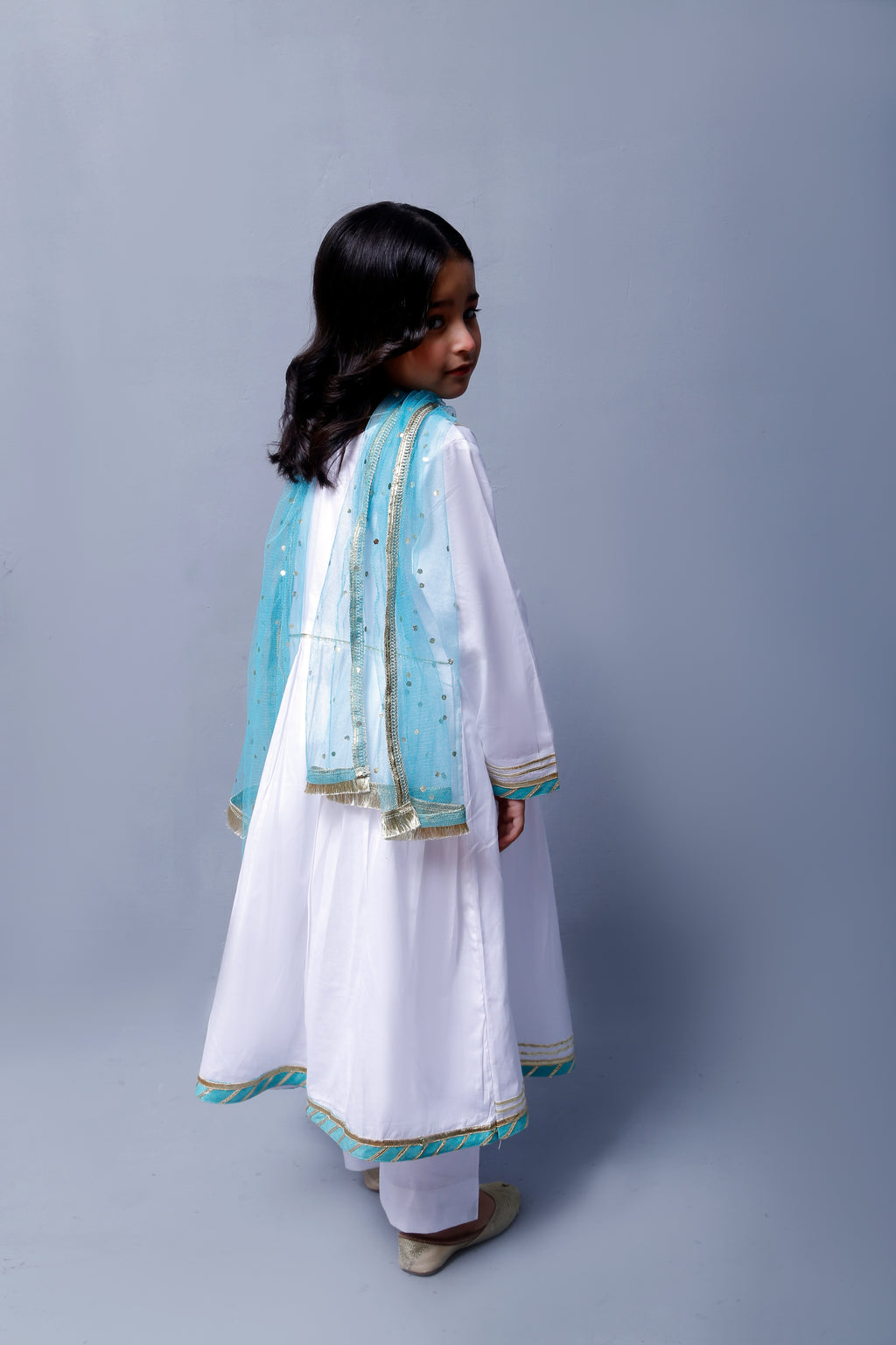 3 piece beautiful White Frock Cotton Suit with Cyan(Aqua Green) Laces & Cyan(Aqua Green) Chan net Dupatta (Stitch).