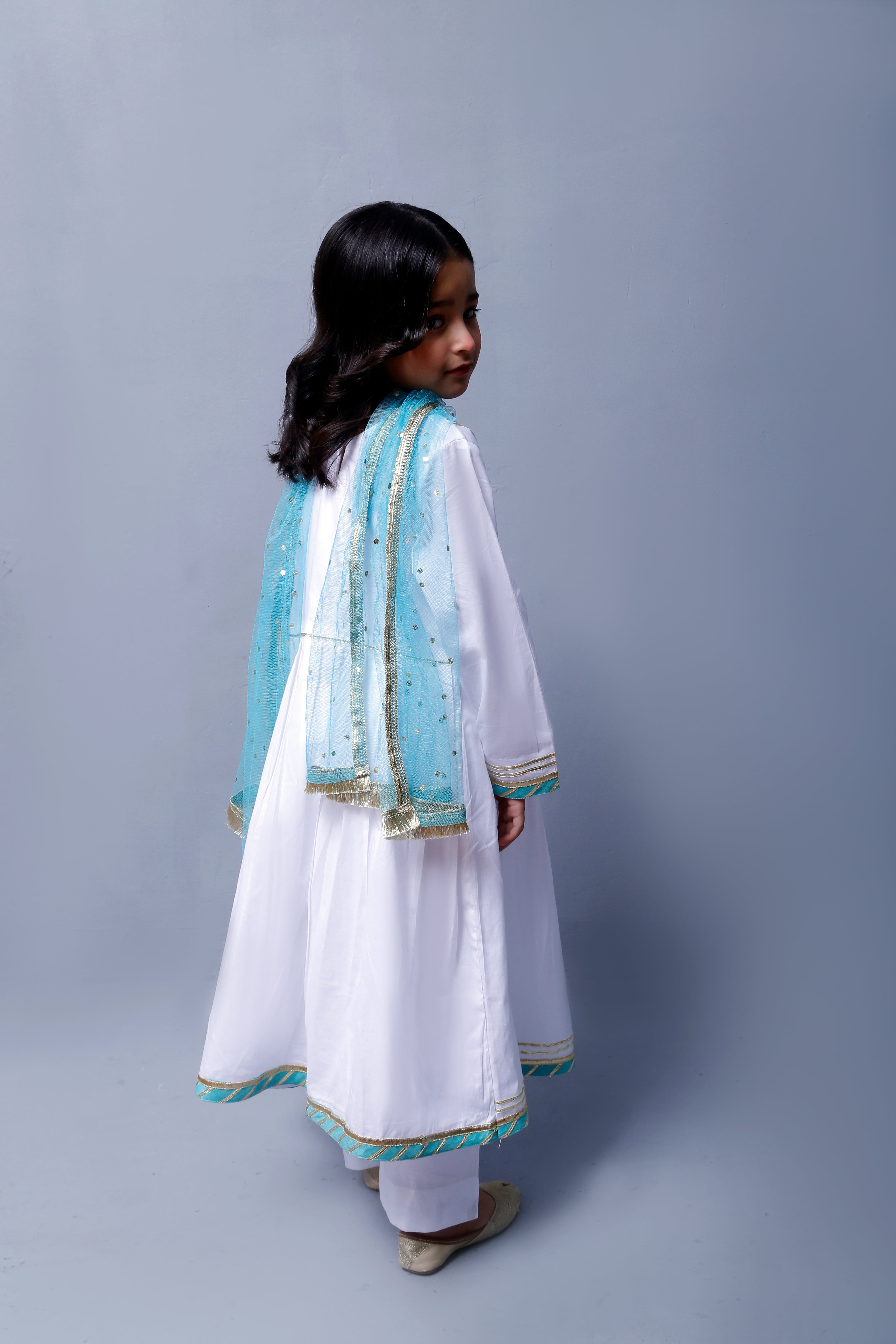 3 piece beautiful White Frock Cotton Suit with Cyan(Aqua Green) Laces & Cyan(Aqua Green) Chan net Dupatta (Stitch).