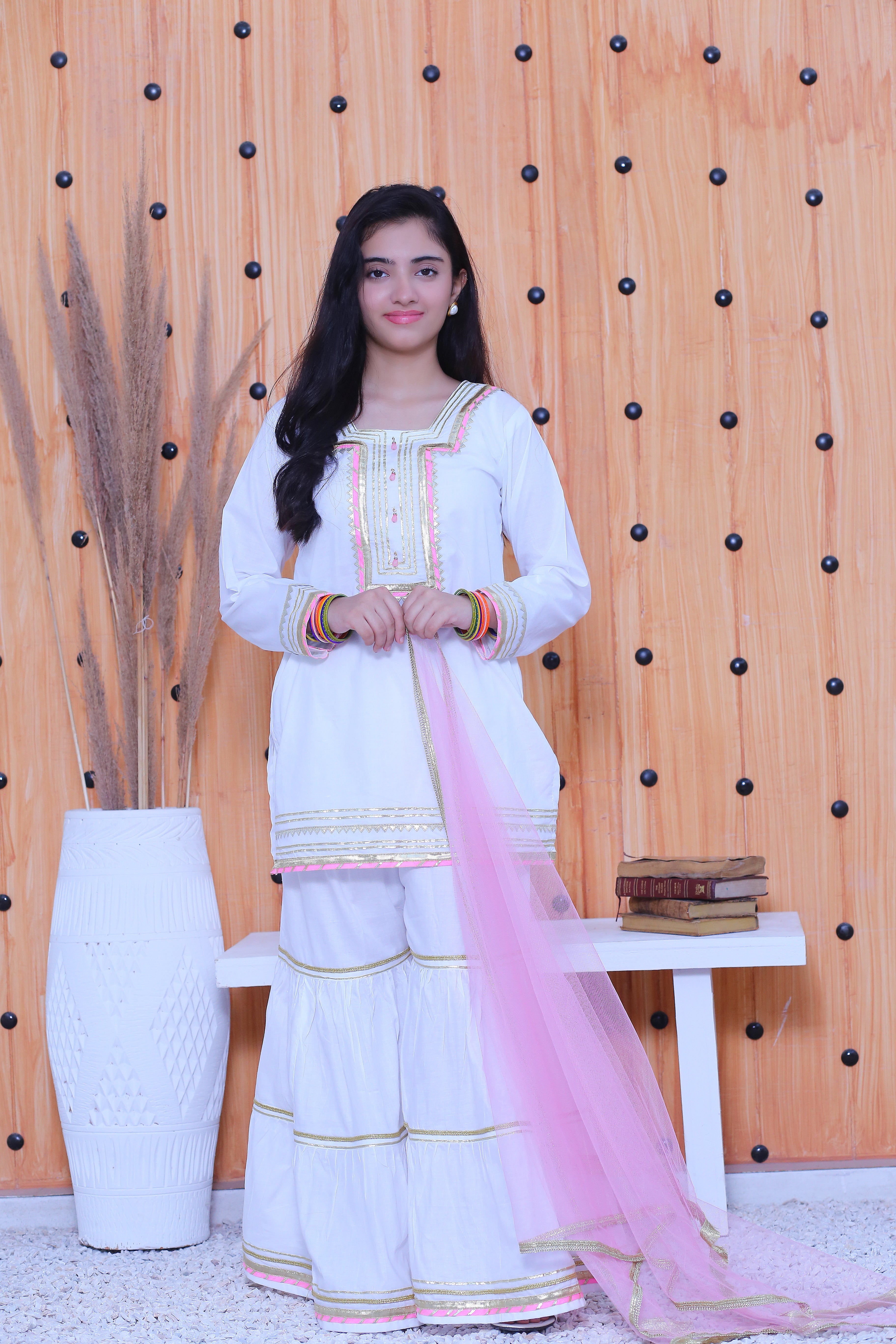 3 piece White Cotton Gharara Suit wiith Baby Pink net Dupatta & Baby Pink & Golden Laces.(Stitch)
