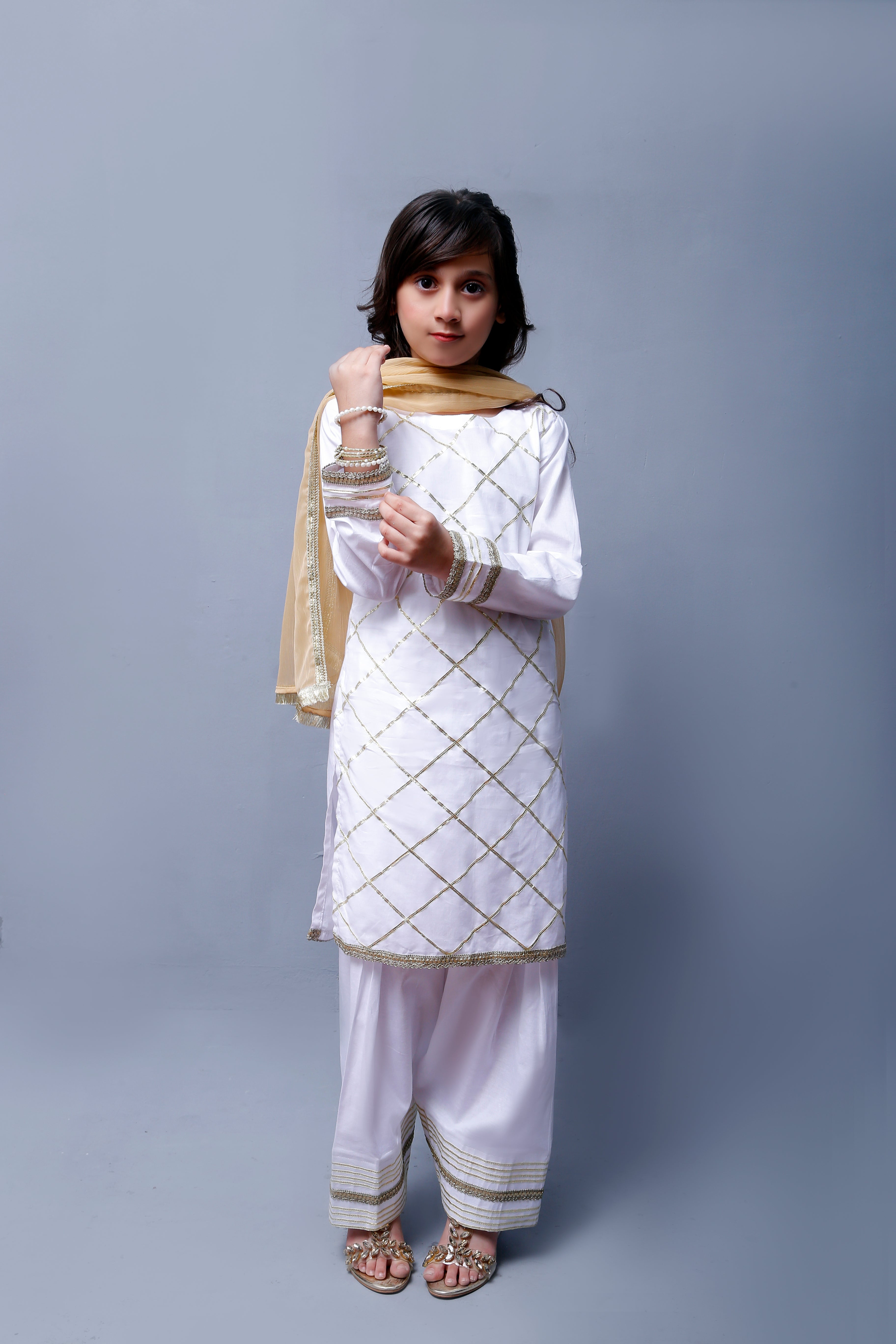 3 piece Elegant White Cotton Farshi Shalwar Kameez Suit with Golden Laces & Golden Chiffon Dupatta.(Stitch)