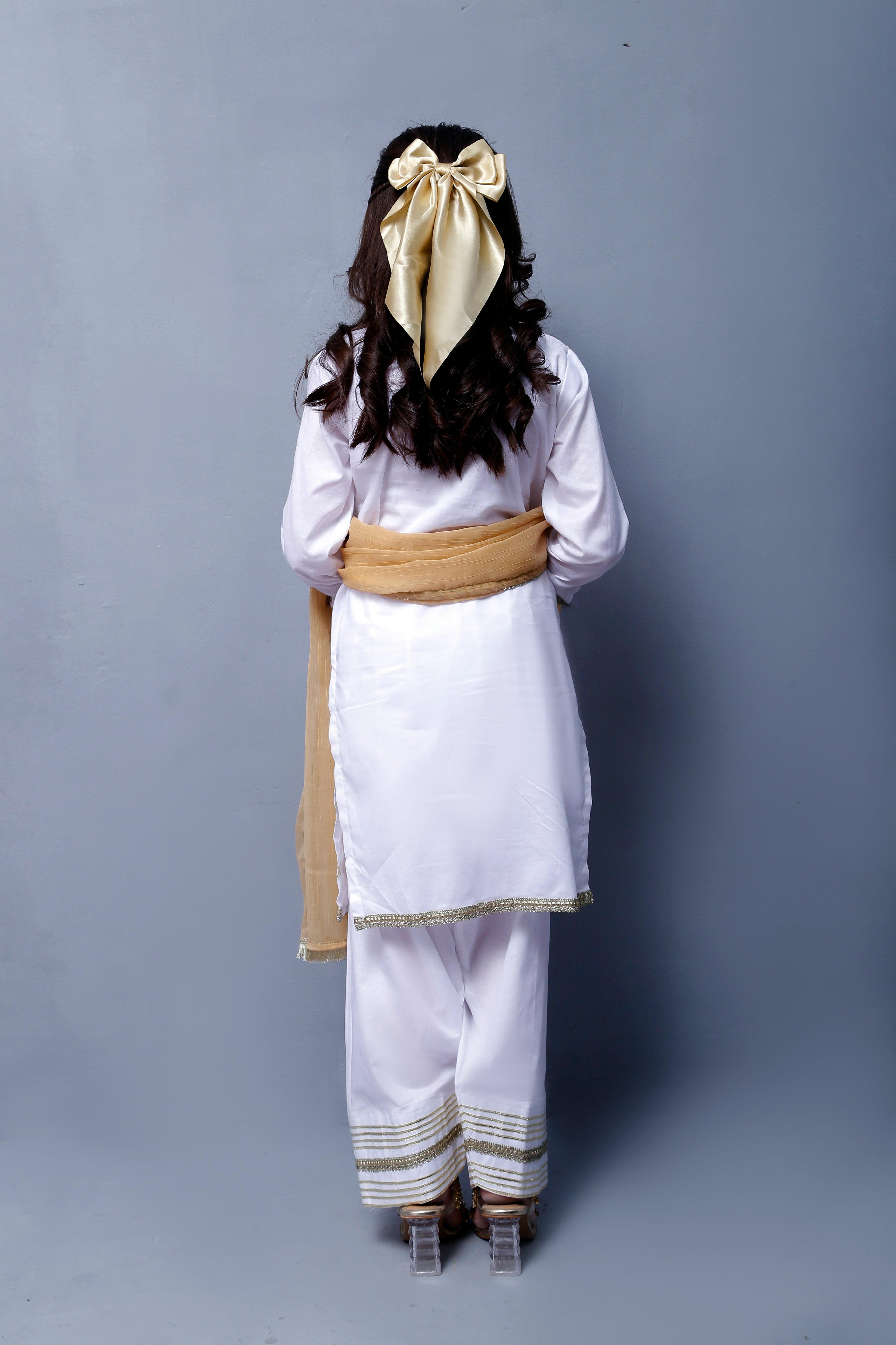 3 piece Elegant White Cotton Farshi Shalwar Kameez Suit with Golden Laces & Golden Chiffon Dupatta.(Stitch)