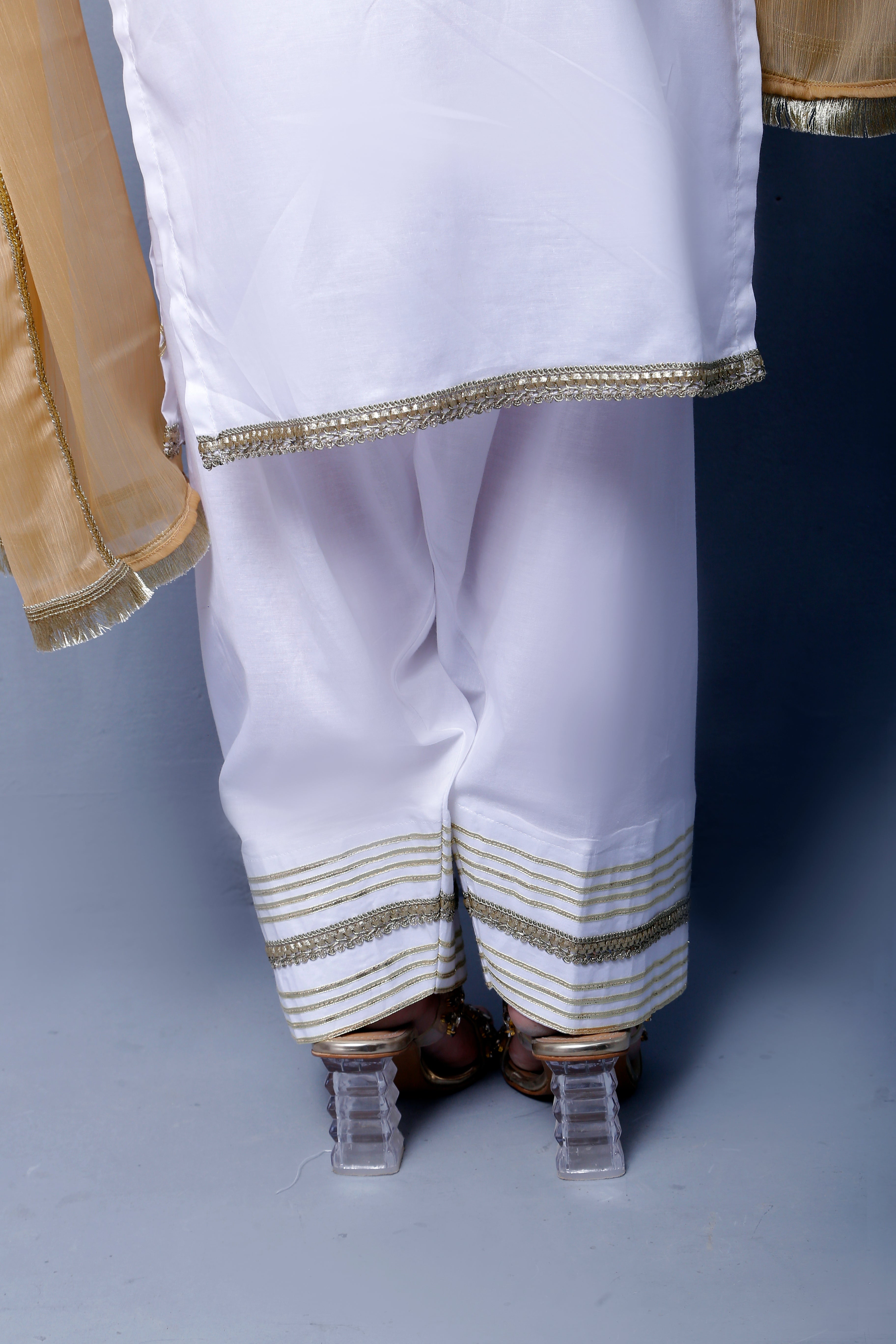 3 piece Elegant White Cotton Farshi Shalwar Kameez Suit with Golden Laces & Golden Chiffon Dupatta.(Stitch)