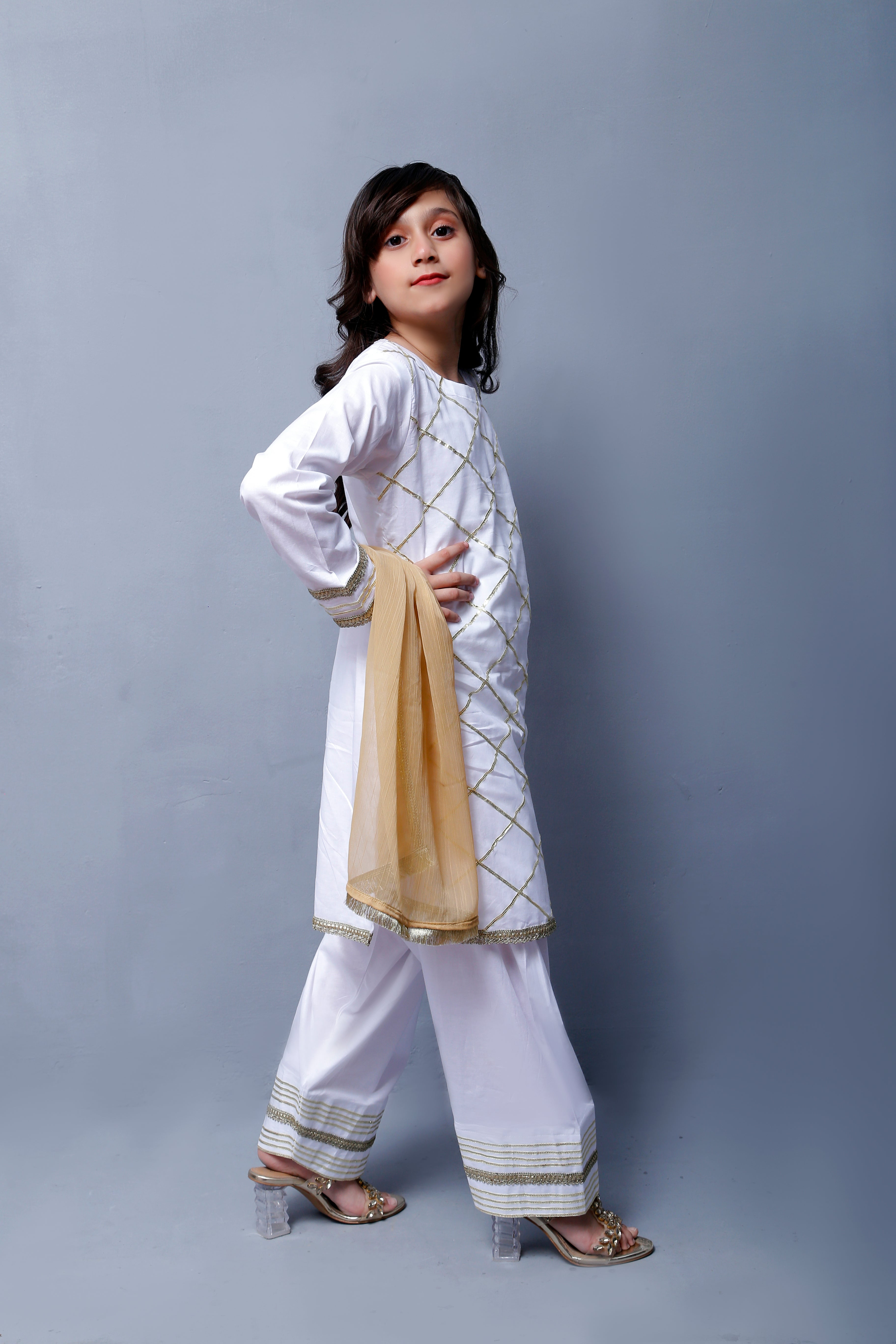 3 piece Elegant White Cotton Farshi Shalwar Kameez Suit with Golden Laces & Golden Chiffon Dupatta.(Stitch)