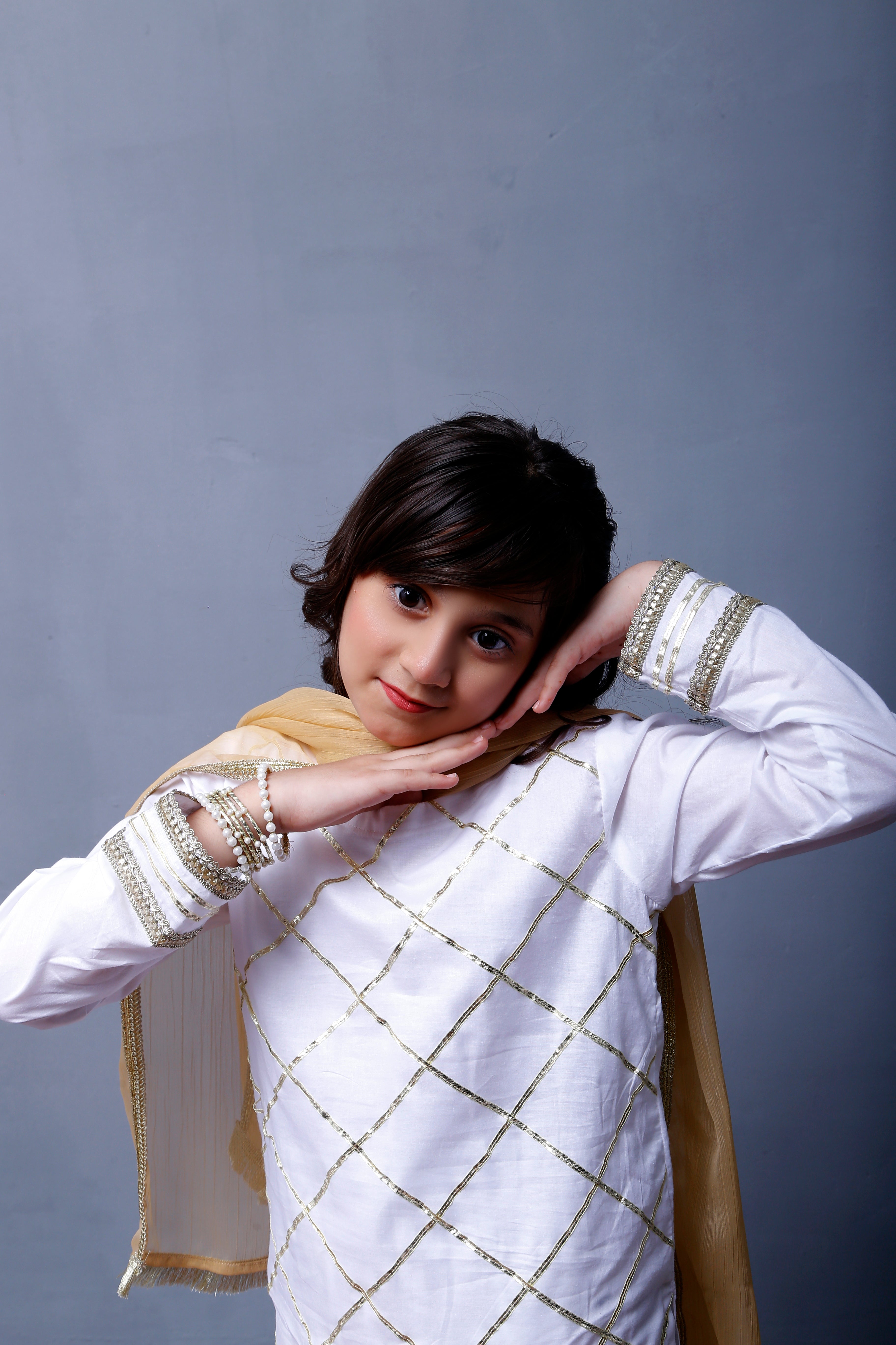 3 piece Elegant White Cotton Farshi Shalwar Kameez Suit with Golden Laces & Golden Chiffon Dupatta.(Stitch)